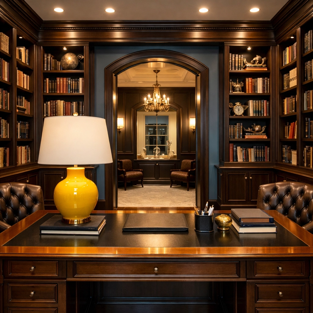 Impeccably dusted high-end library shelving in a Lincoln estate by professional cleaners.