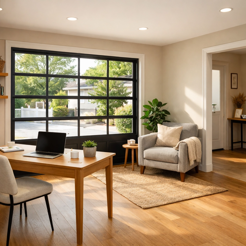 Modern home office inside a professional garage conversion with natural lighting and oak floors.