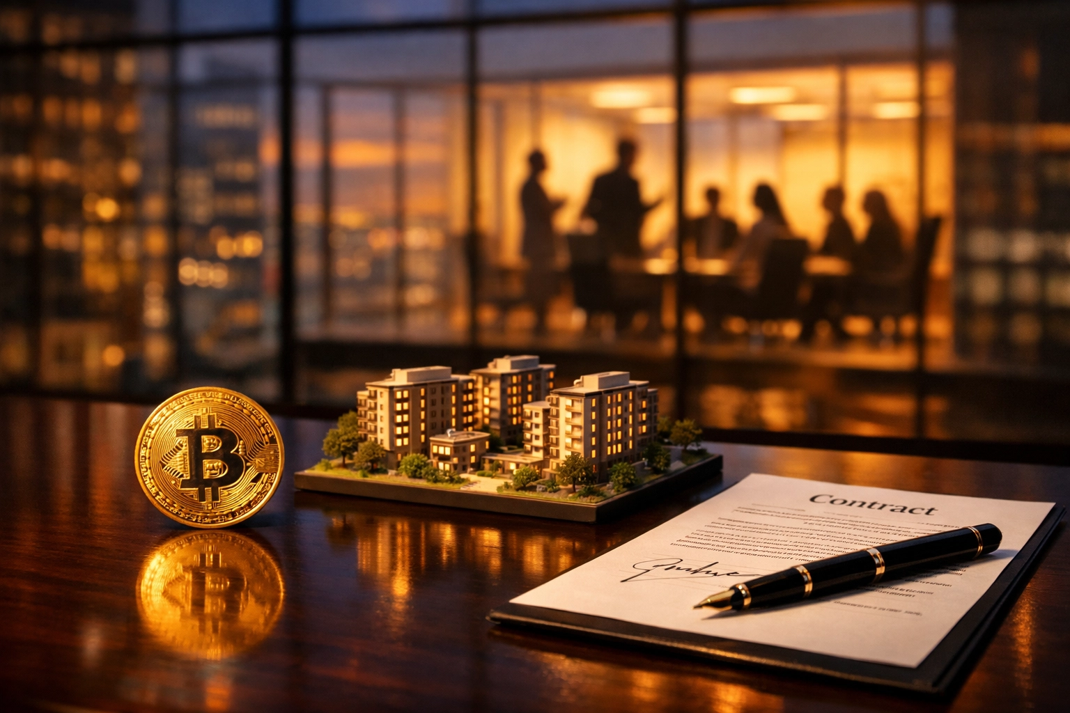 Bitcoin coin, building model, and contract on conference table showing alternative investments