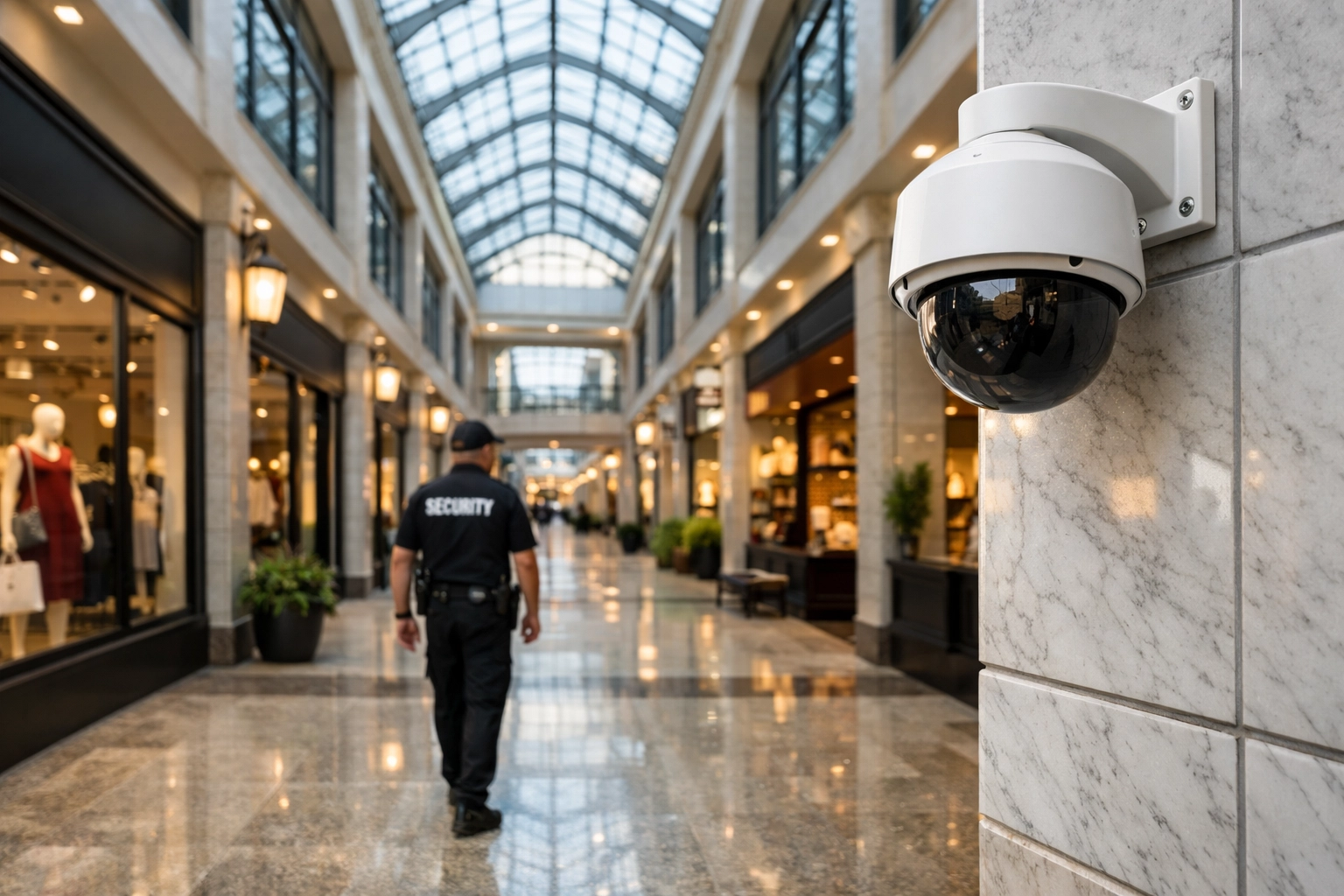 Integrated security measures including CCTV and manned guarding in a modern UK shopping arcade.