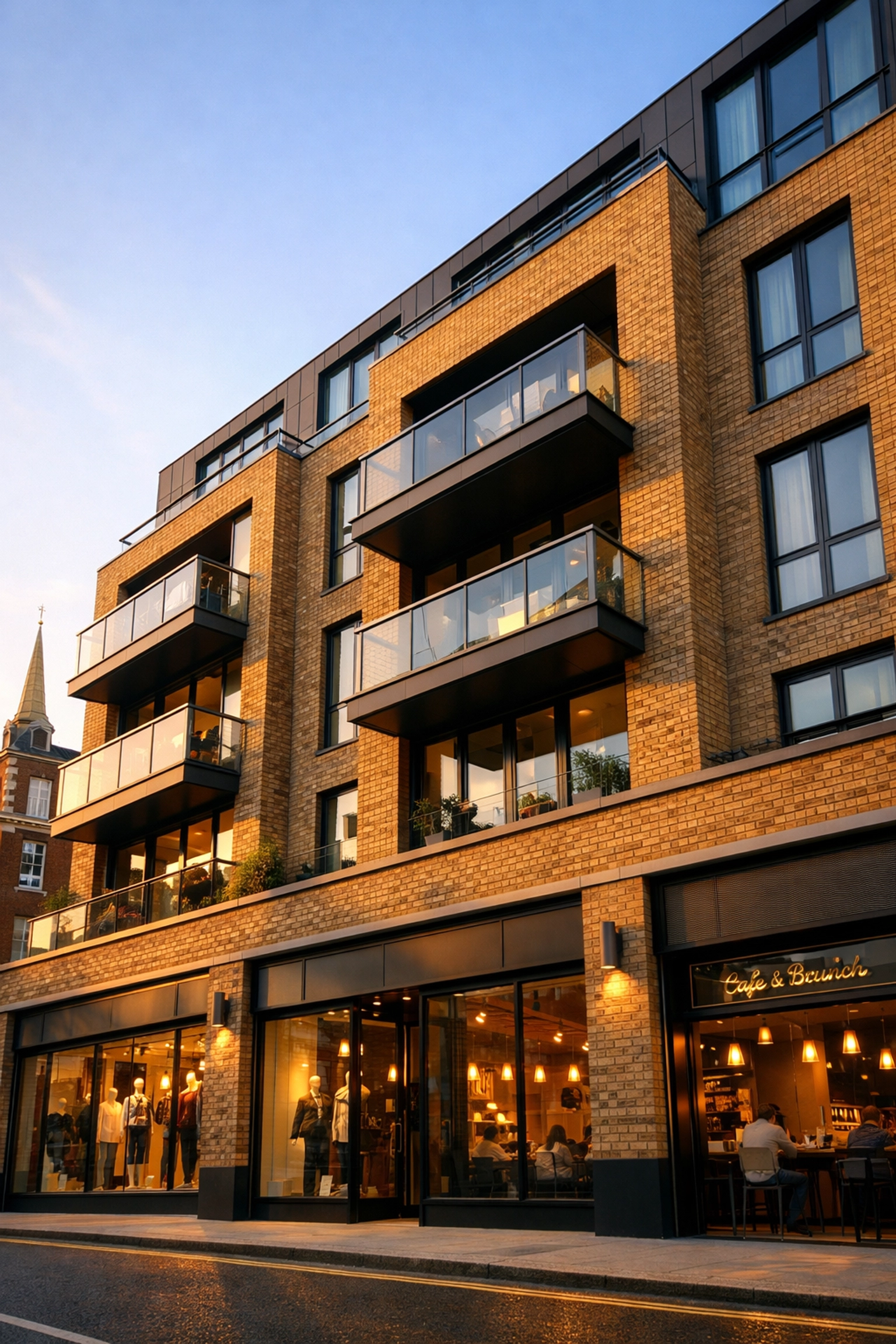 Modern commercial building facade in London with mixed-use architecture design