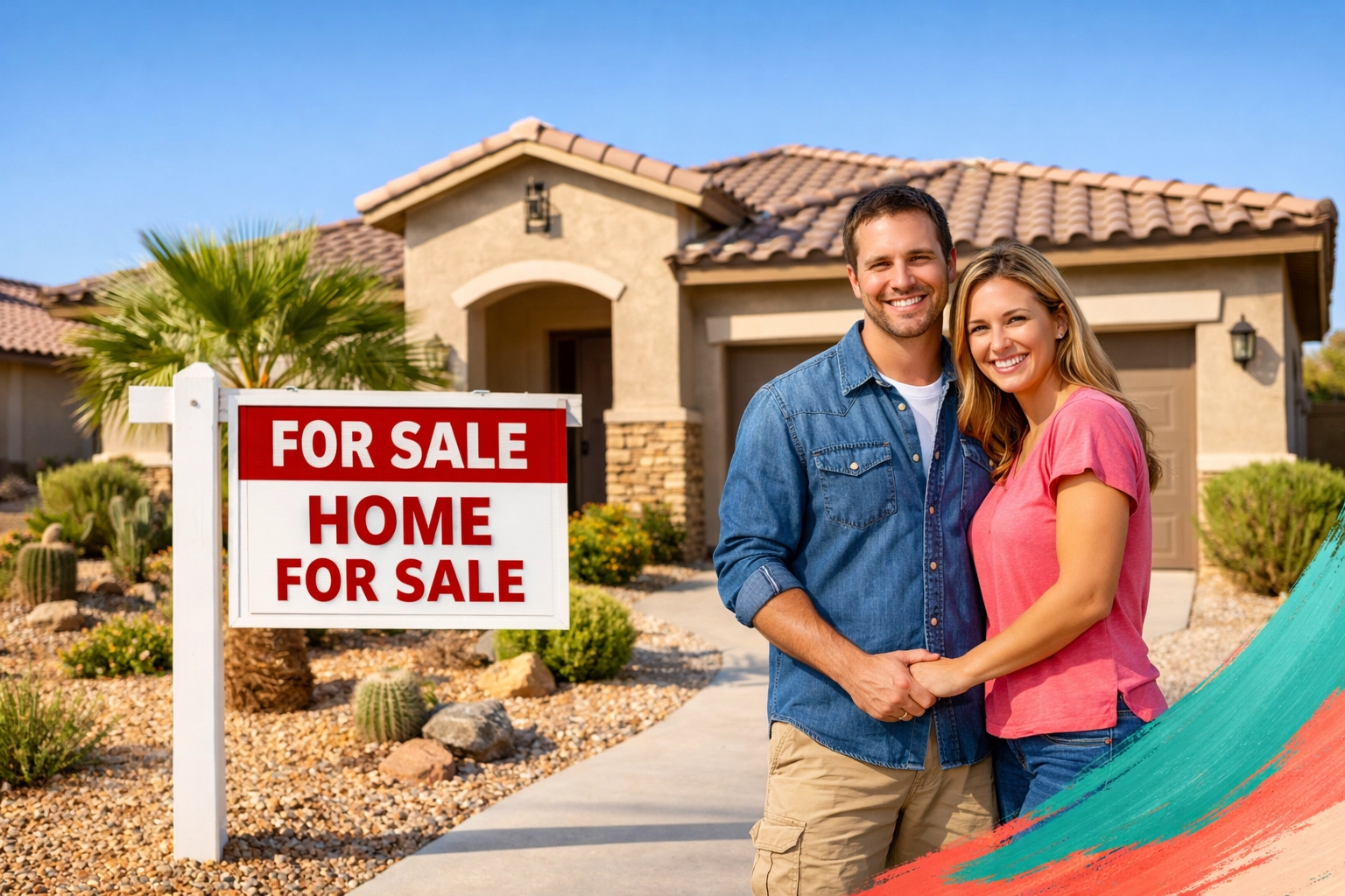 Modern Buckeye Arizona home for sale with desert landscaping and happy homeowners