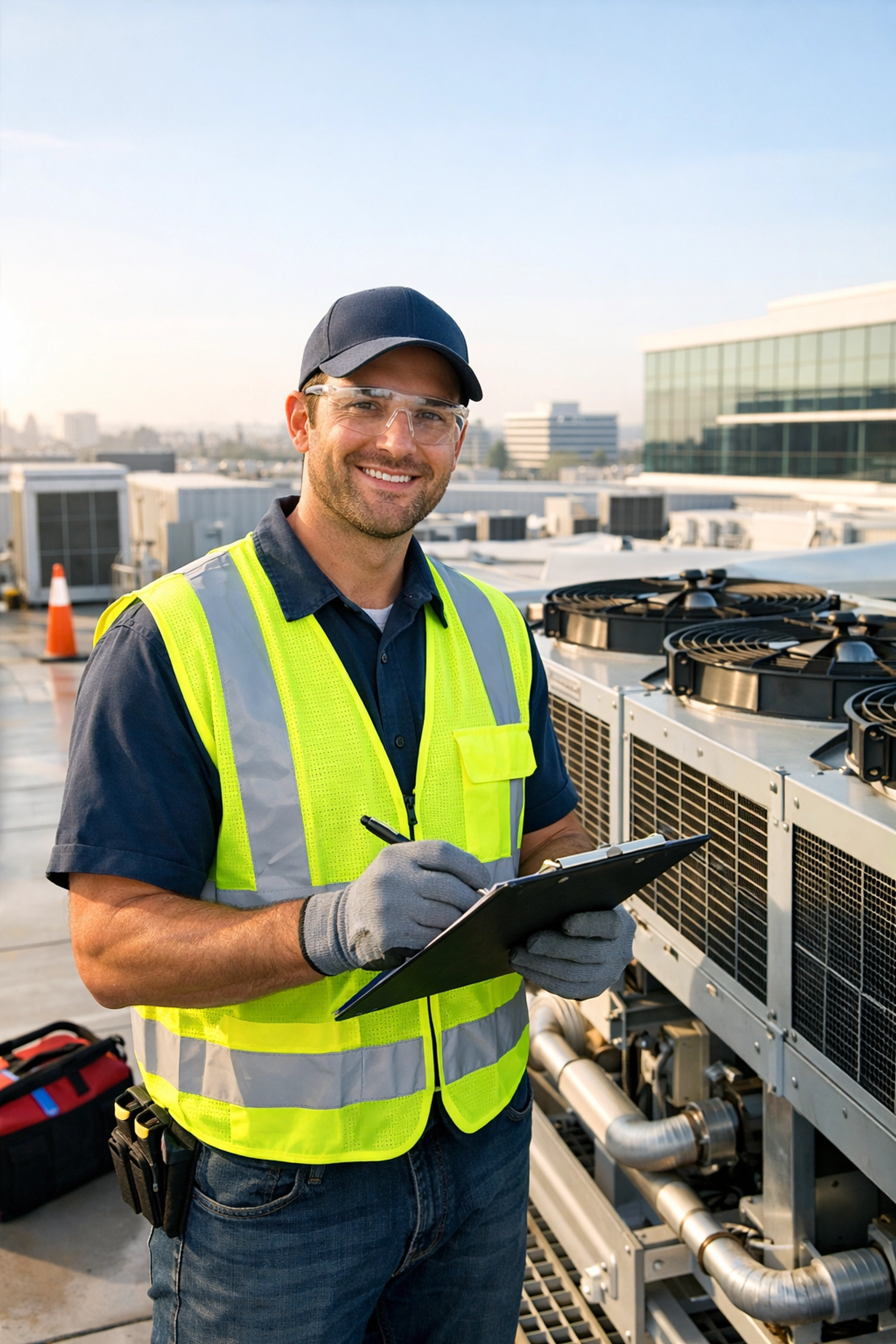 HVAC technician in high-visibility safety gear inspecting a commercial rooftop chiller unit.
