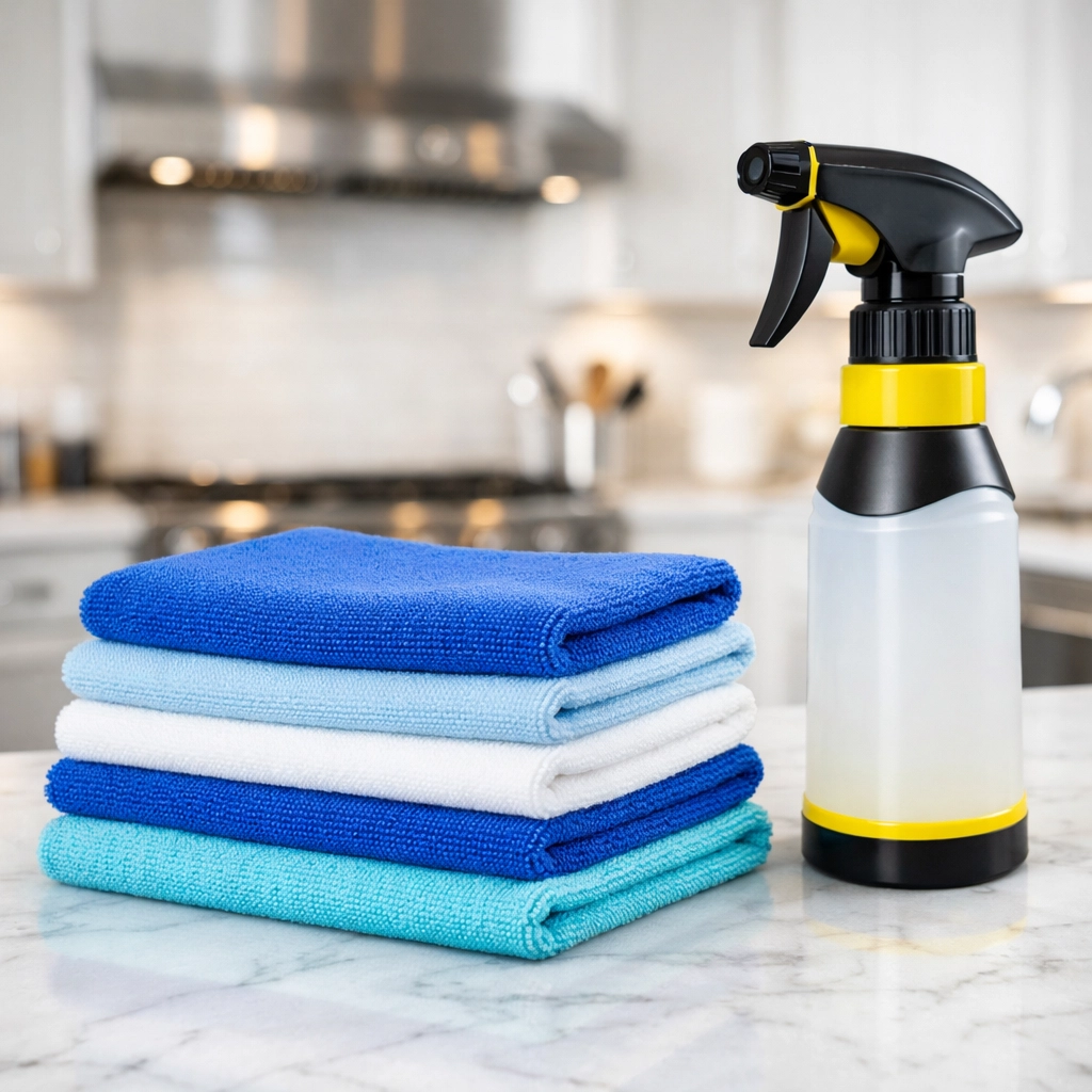 Professional microfiber cloths and spray prepared for apartment cleaning in Boxborough.