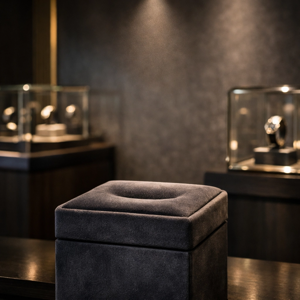 Empty velvet pedestal in an elegant luxury watch boutique highlighting the exclusivity of sourcing rare Rolex models.