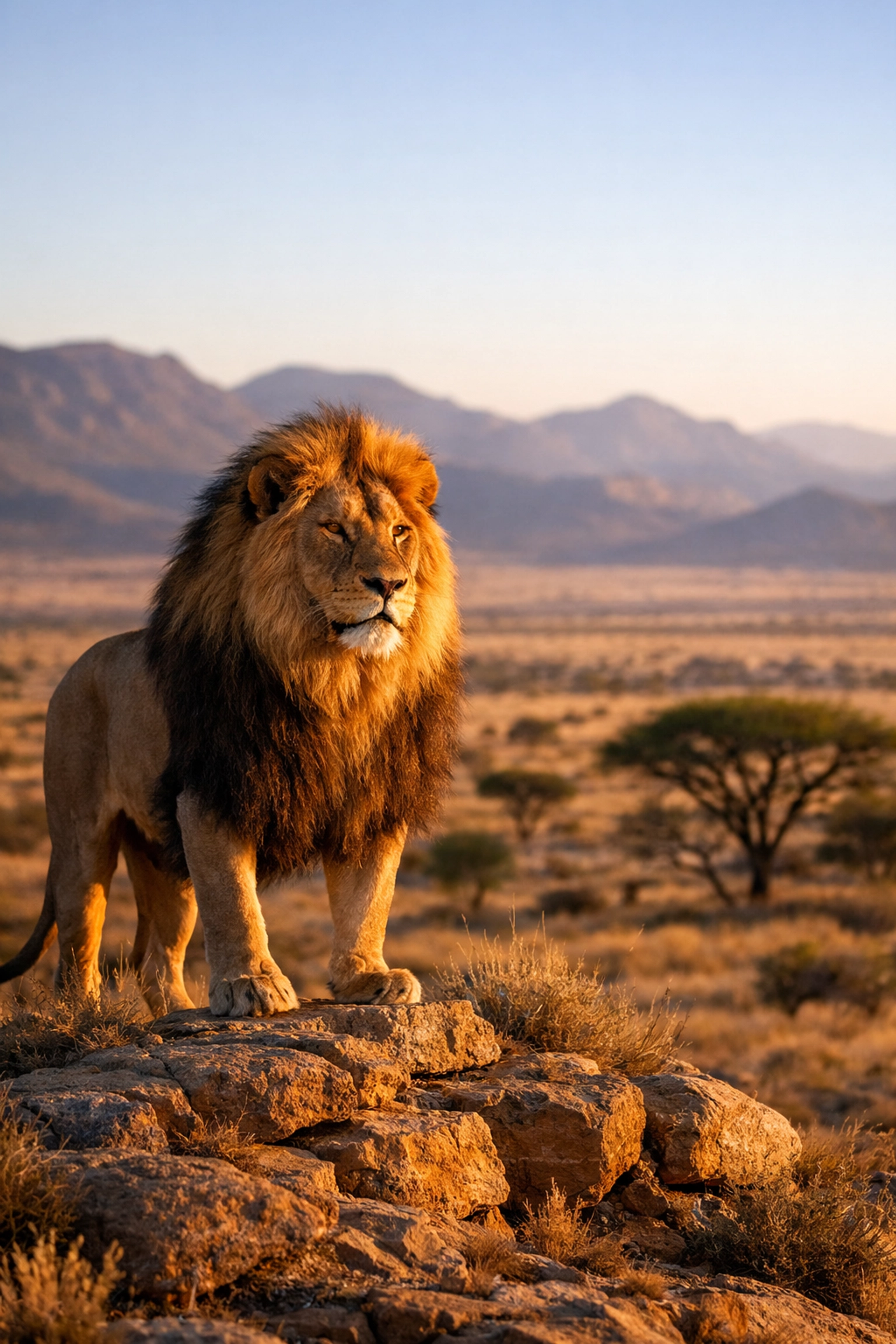 Male lion on rocky outcrop in South African Karoo at sunset, part of ecosystem restoration efforts