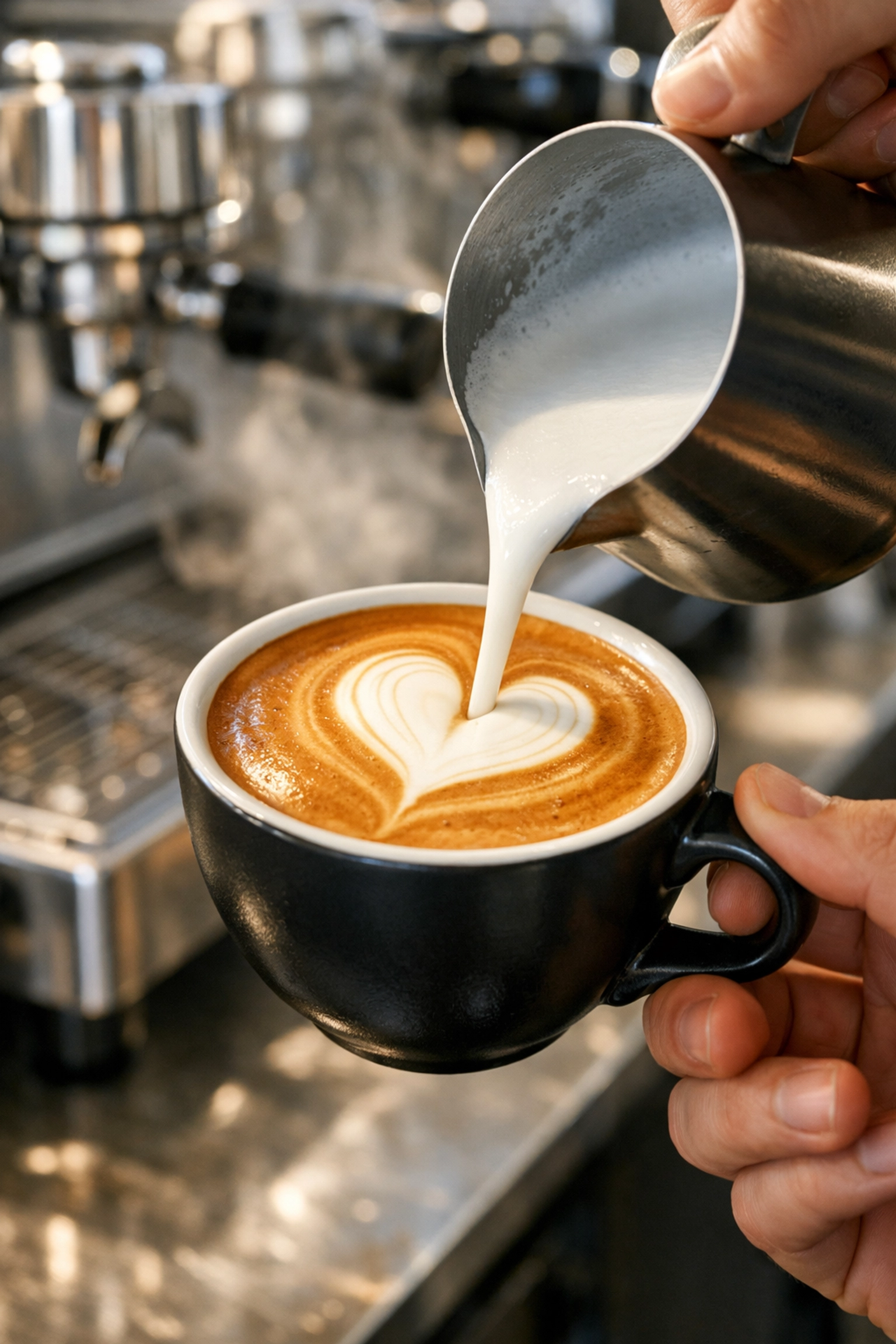 Skillful barista pouring latte art, demonstrating the results of specialty coffee training.
