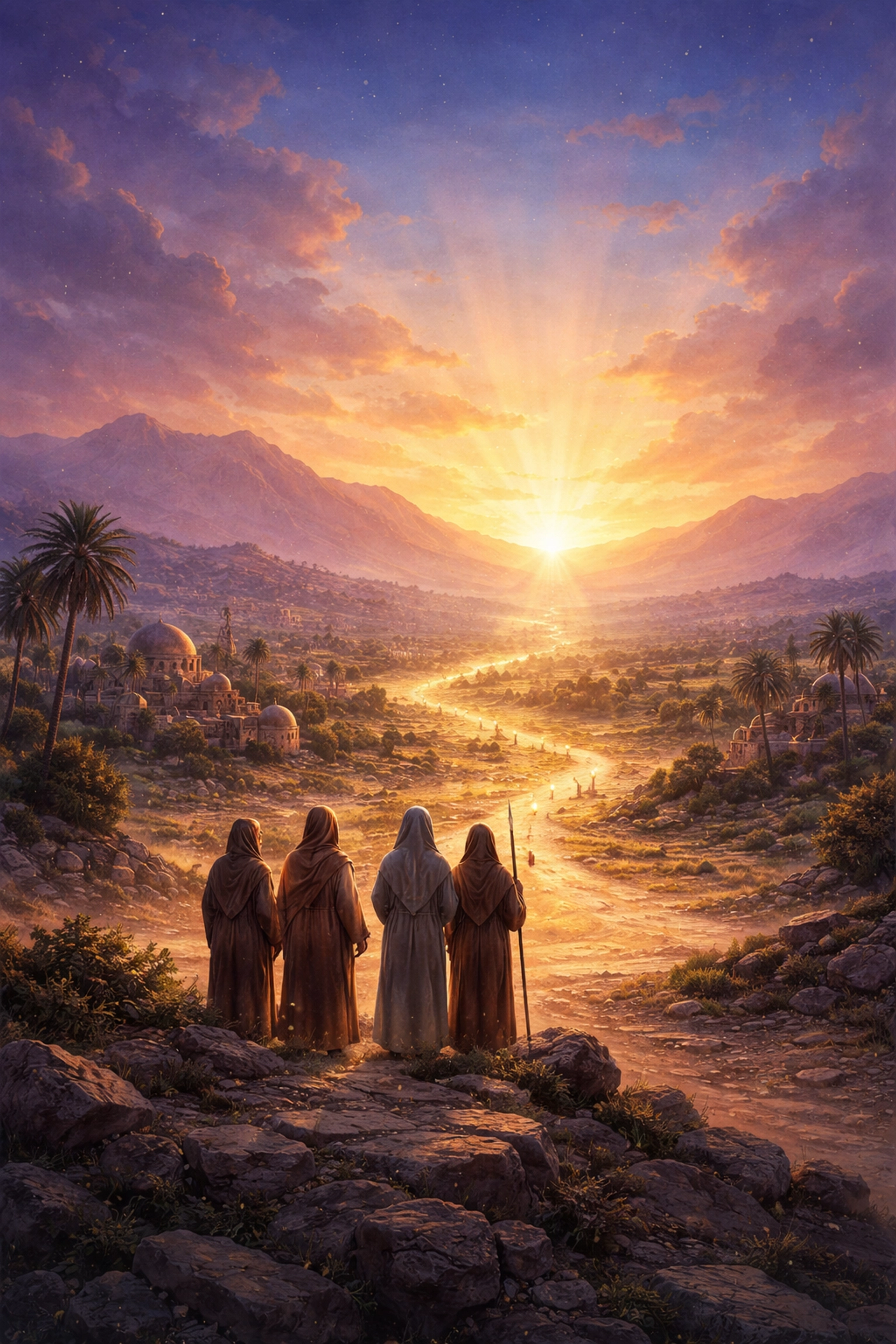 Figures in robes walk a winding path at dawn toward a radiant horizon, representing biblical promise and hope.
