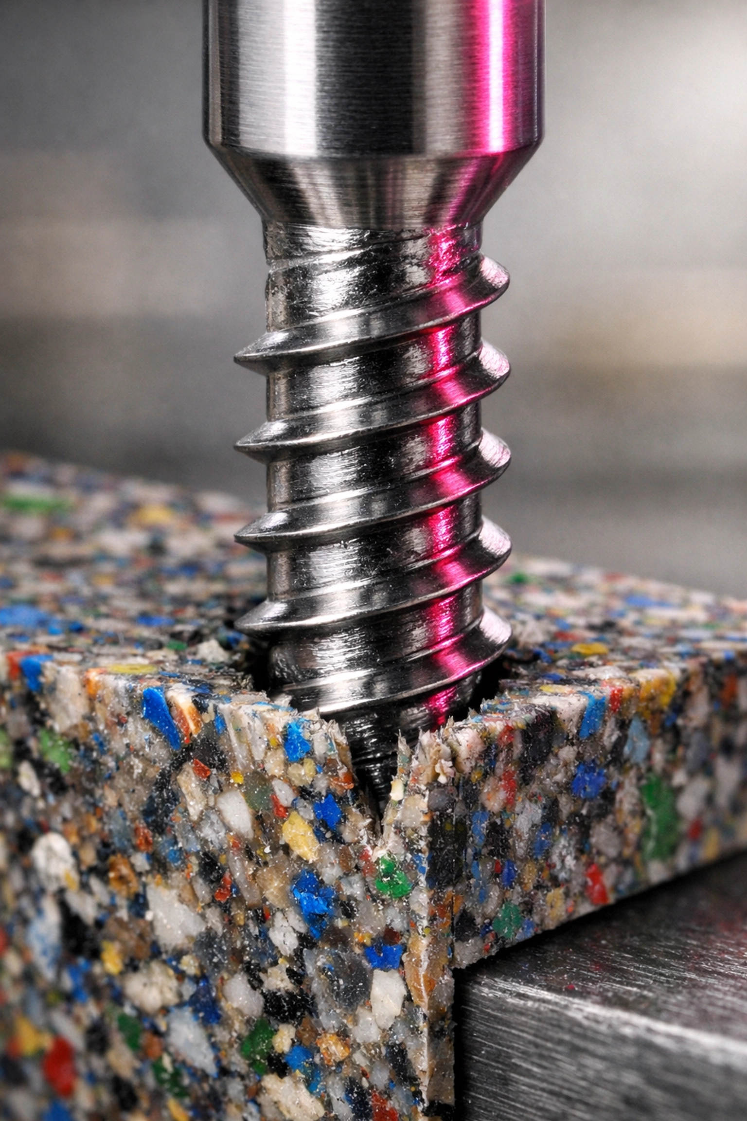 Close-up of a screw in a recycled plastic sheet showing high durability and screw-holding capacity.