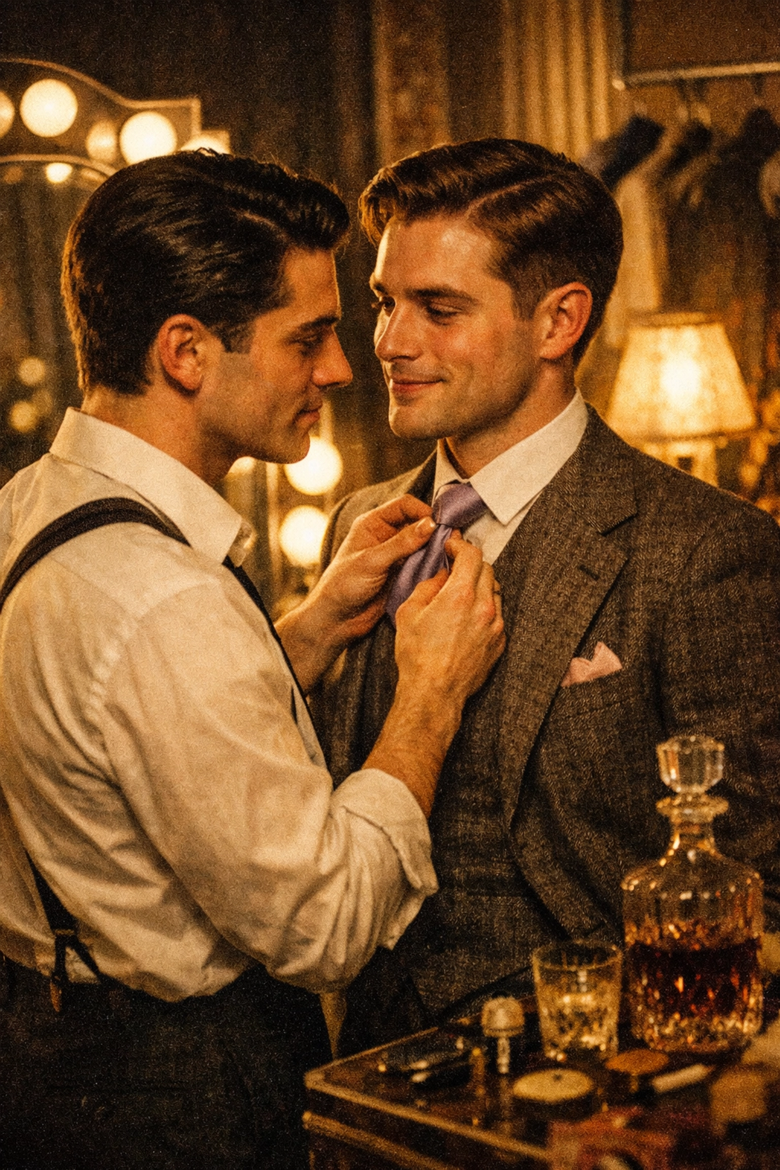 Two dapper gay men in vintage 1920s attire sharing a romantic moment before a secret Easter party.