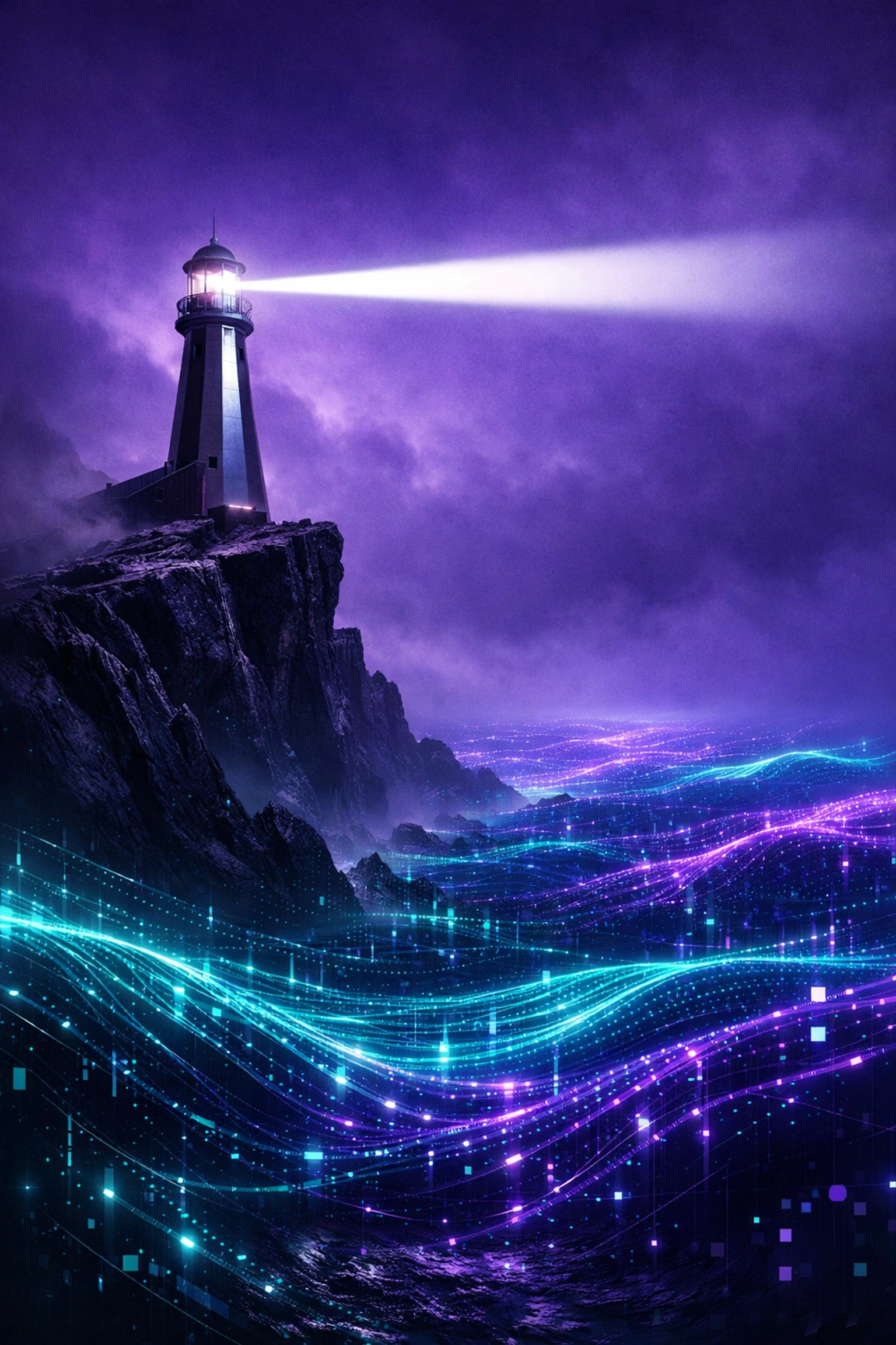 A futuristic lighthouse shining over digital waves, symbolizing a clear vision for the future of search and SEO.