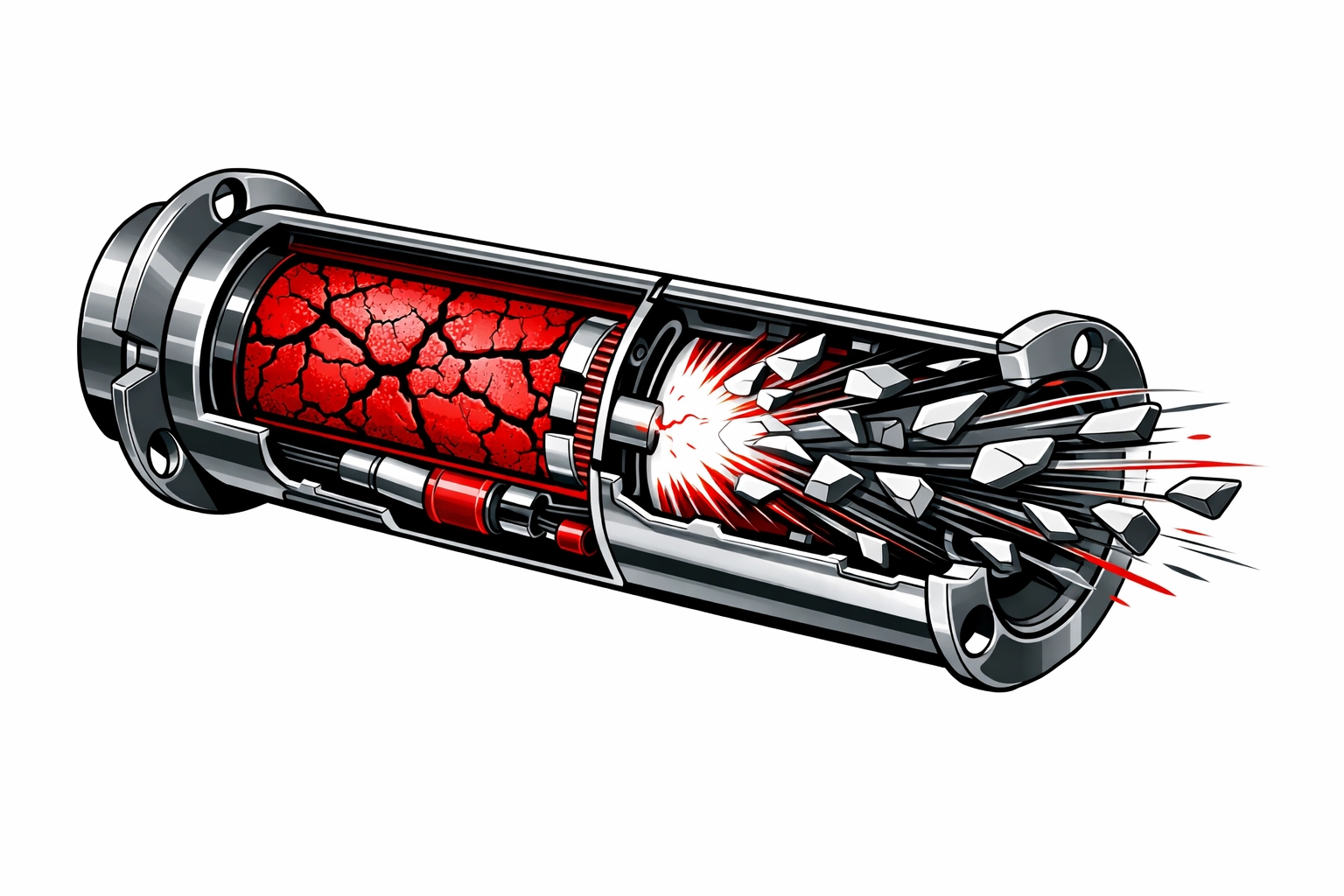 Takata airbag inflator cross-section showing defective propellant degradation