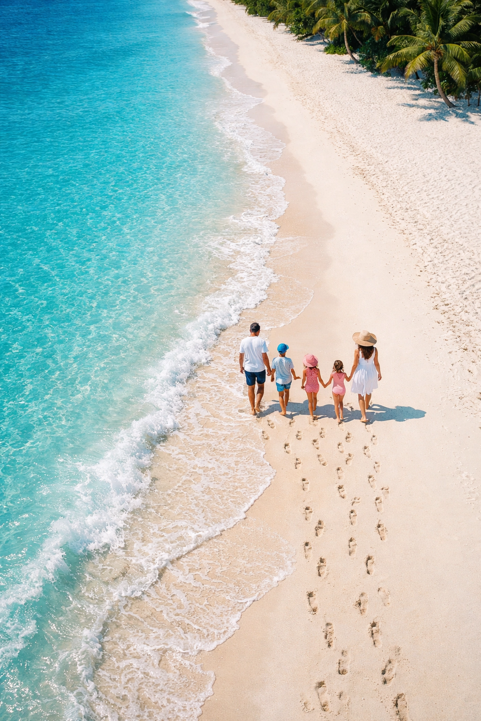 Family walking along a pristine Cancun beach, capturing tropical vacation memories.