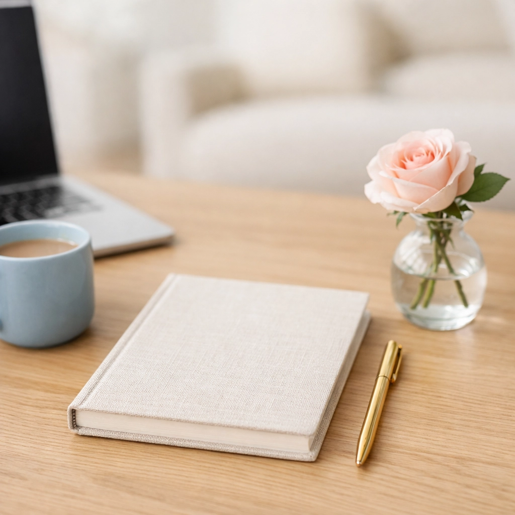 A minimalist workstation with a notebook and laptop, representing focused 15-minute execution to close the system gap.