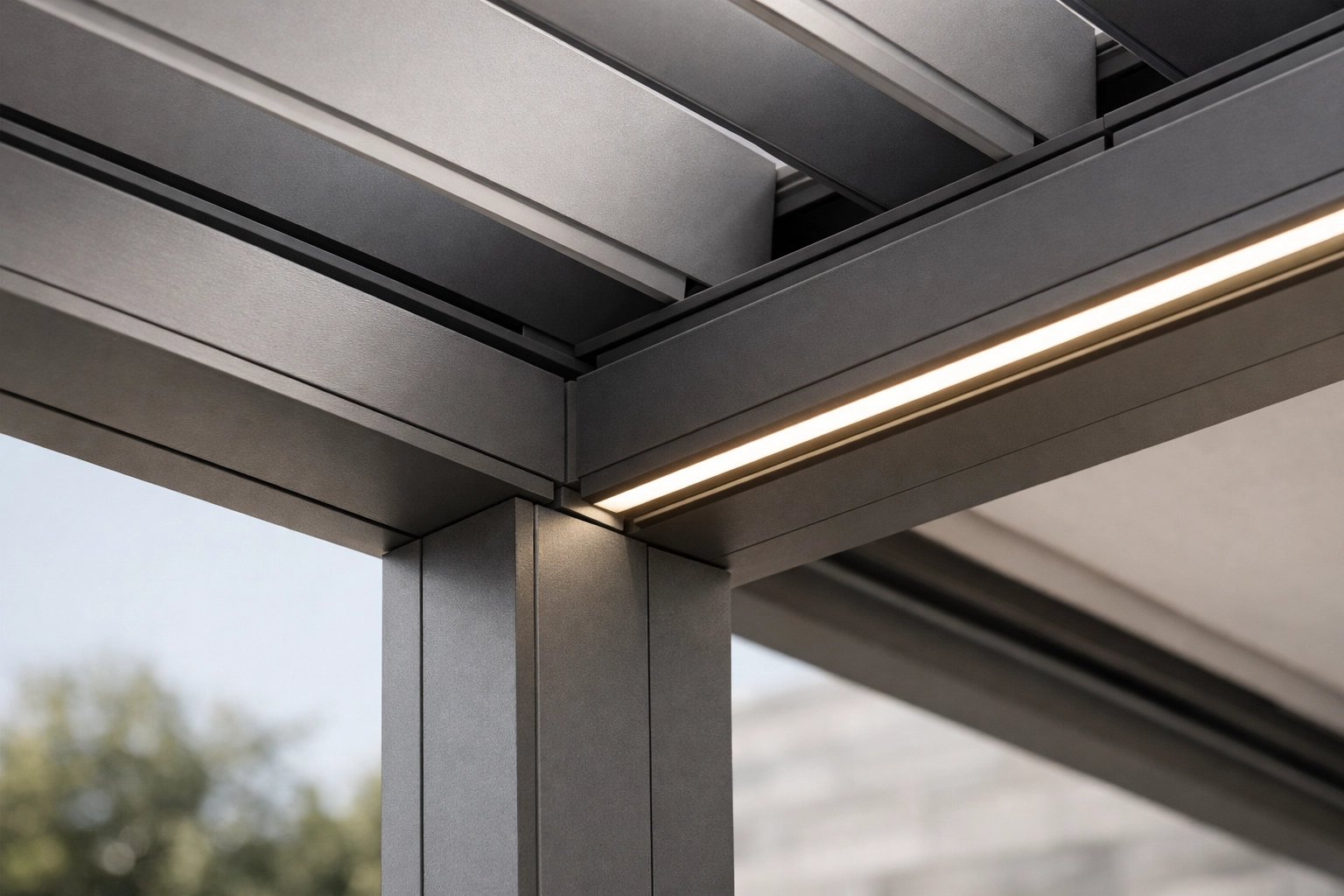 Close-up of a DIY louvre kitset frame featuring integrated LED lighting and modular track systems.