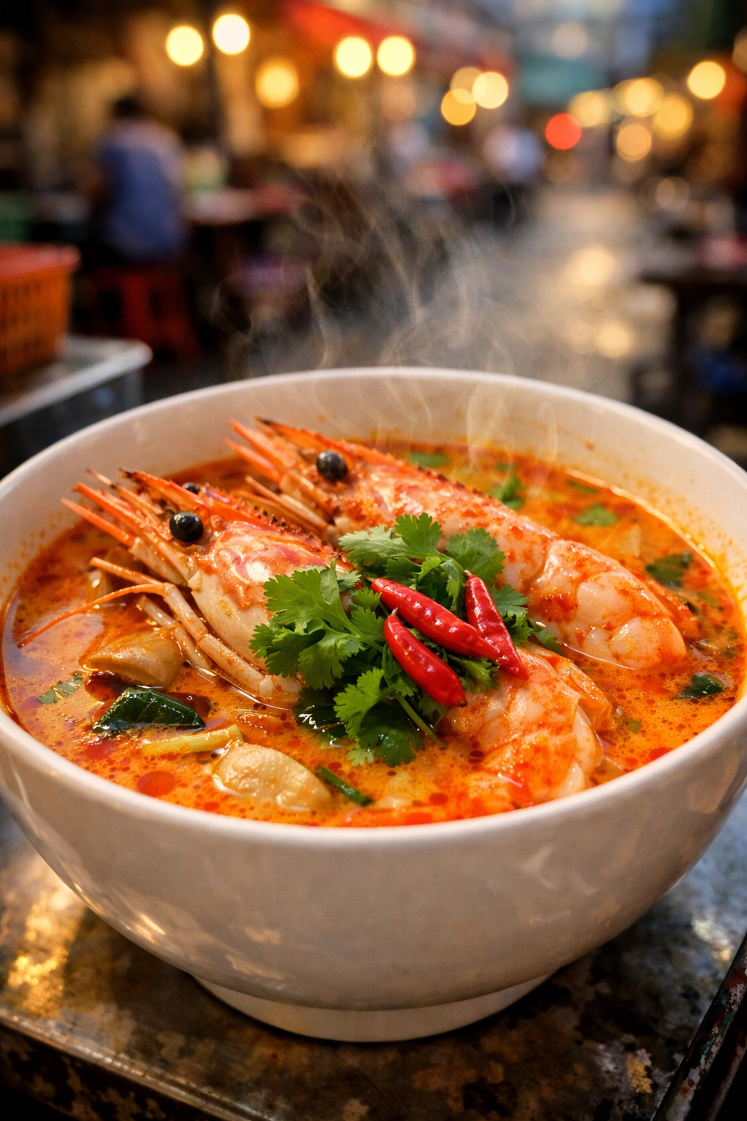 Spicy Tom Yum Goong soup with tiger prawns at a Petchaburi Soi 5 street stall, a must-try Bangkok cheap eat.