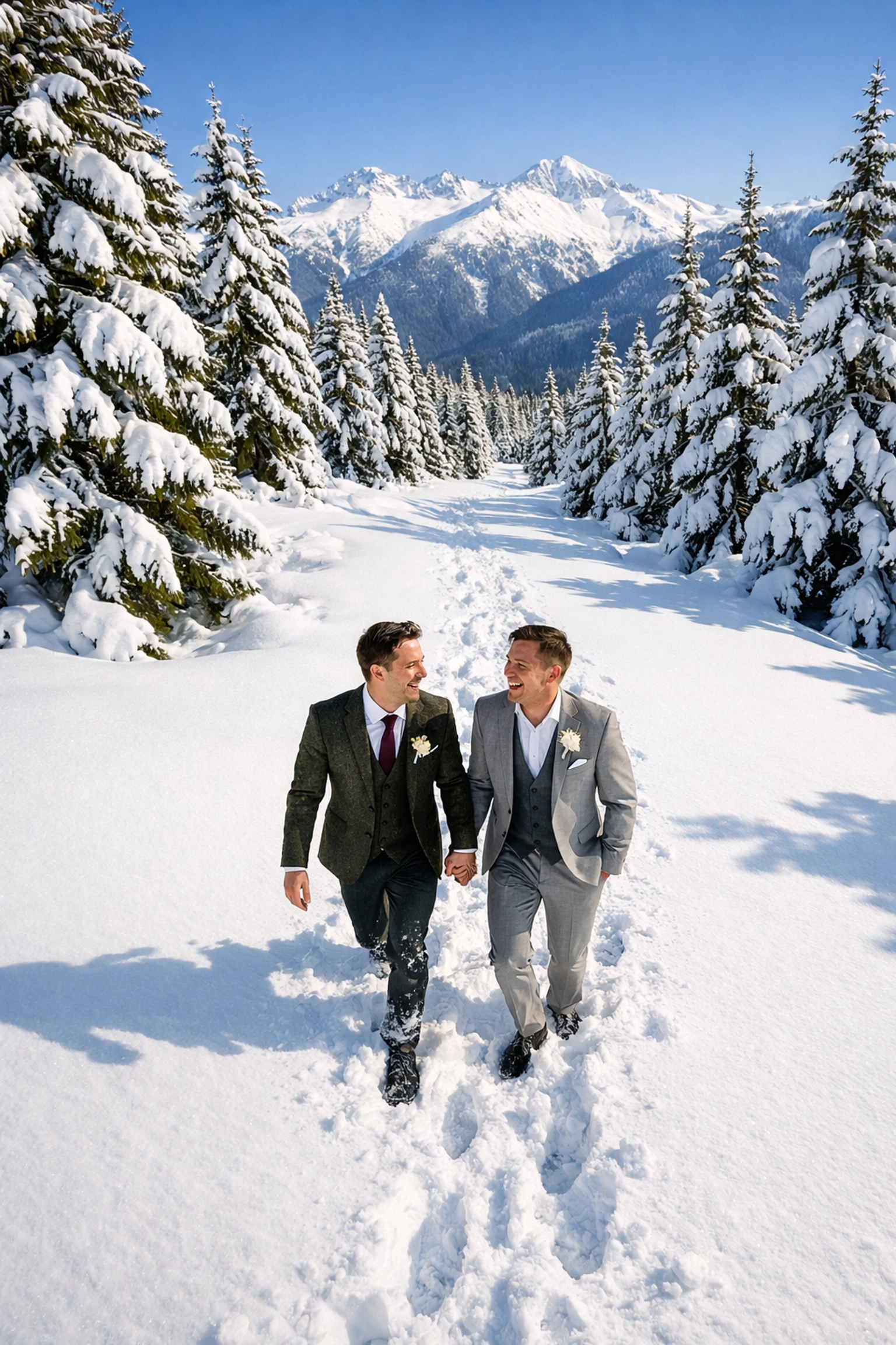 Gay couple walks hand-in-hand through fresh snow in Whistler winter wonderland, LGBTQ+ honeymoon destination