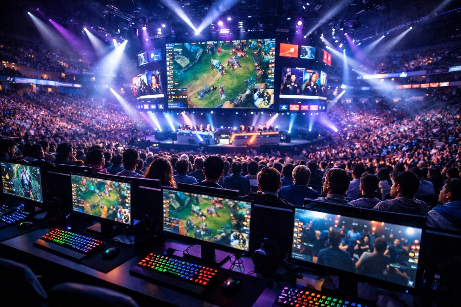 E-sports betting arena with spectators watching competitive gaming tournament