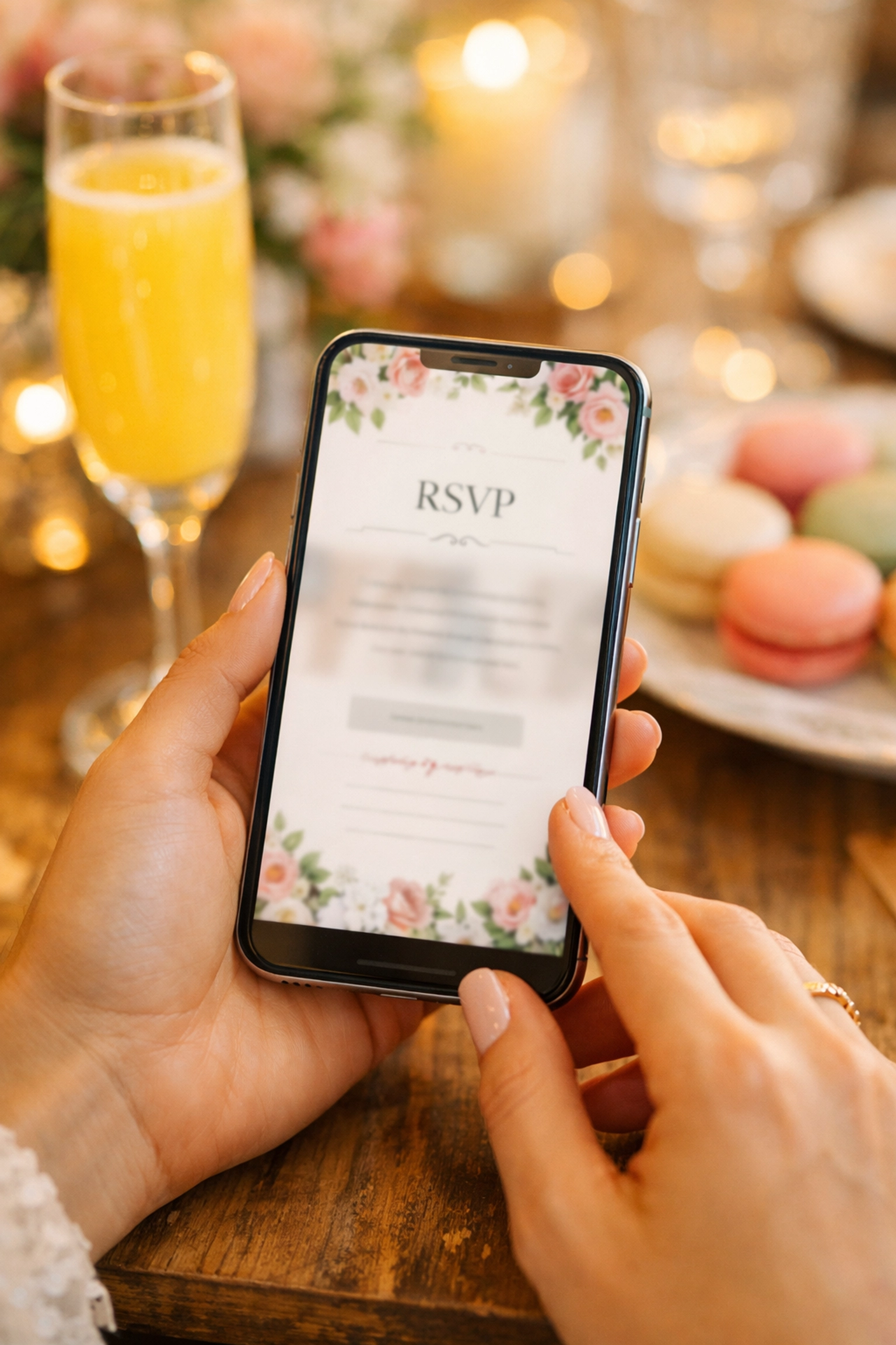 Guest using a smartphone to contribute to an online wedding RSVP fund during a festive meal.