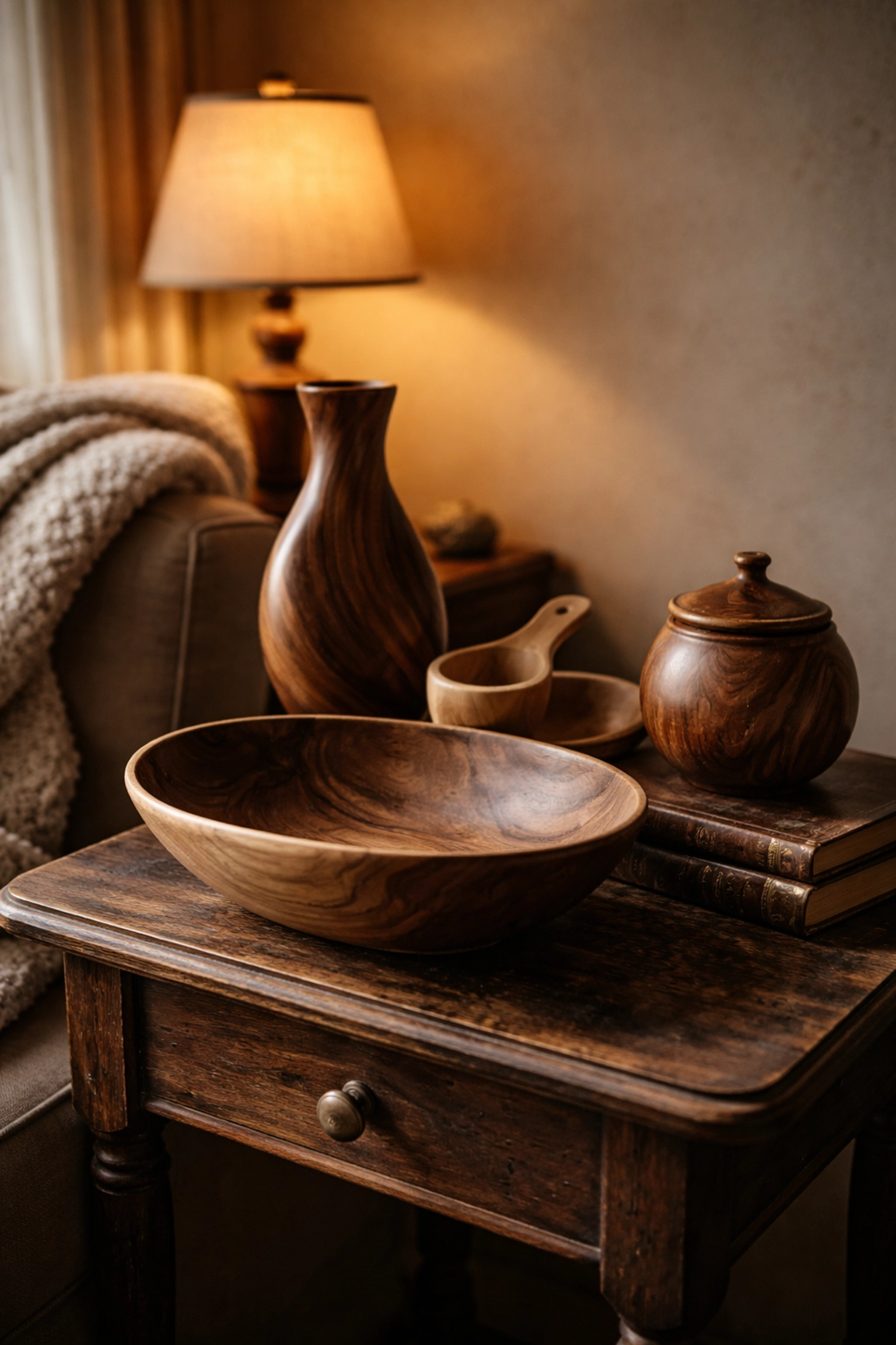 Hand-carved wooden bowl and decor on a vintage side table, illustrating custom woodwork in cozy interior design.