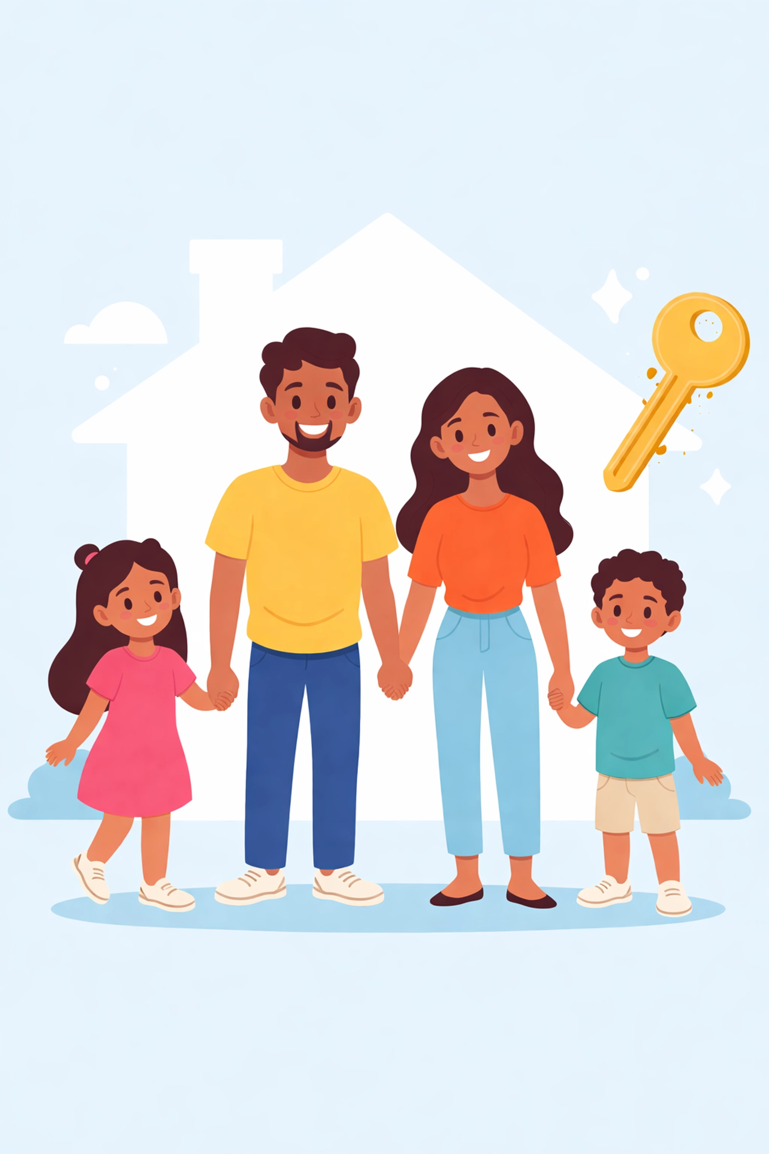 Familia latina feliz frente a casa y llave dorada, alcanzando meta de mejorar crédito para obtener casa propia