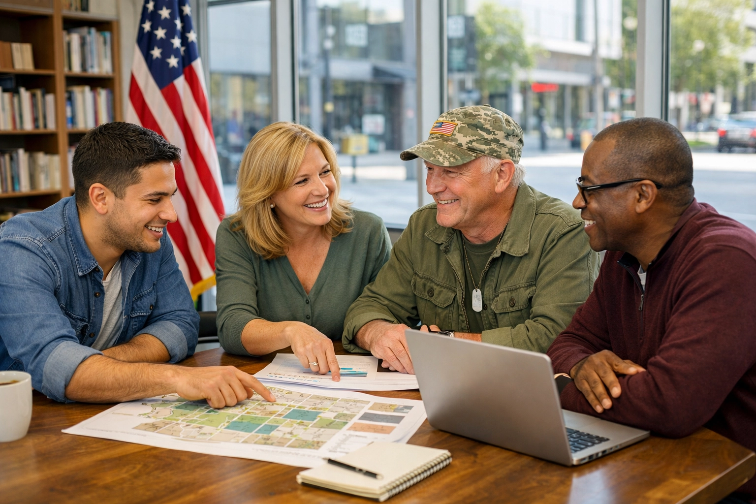 Diverse community members gathering to plan volunteer opportunities and initiatives that support local veterans.