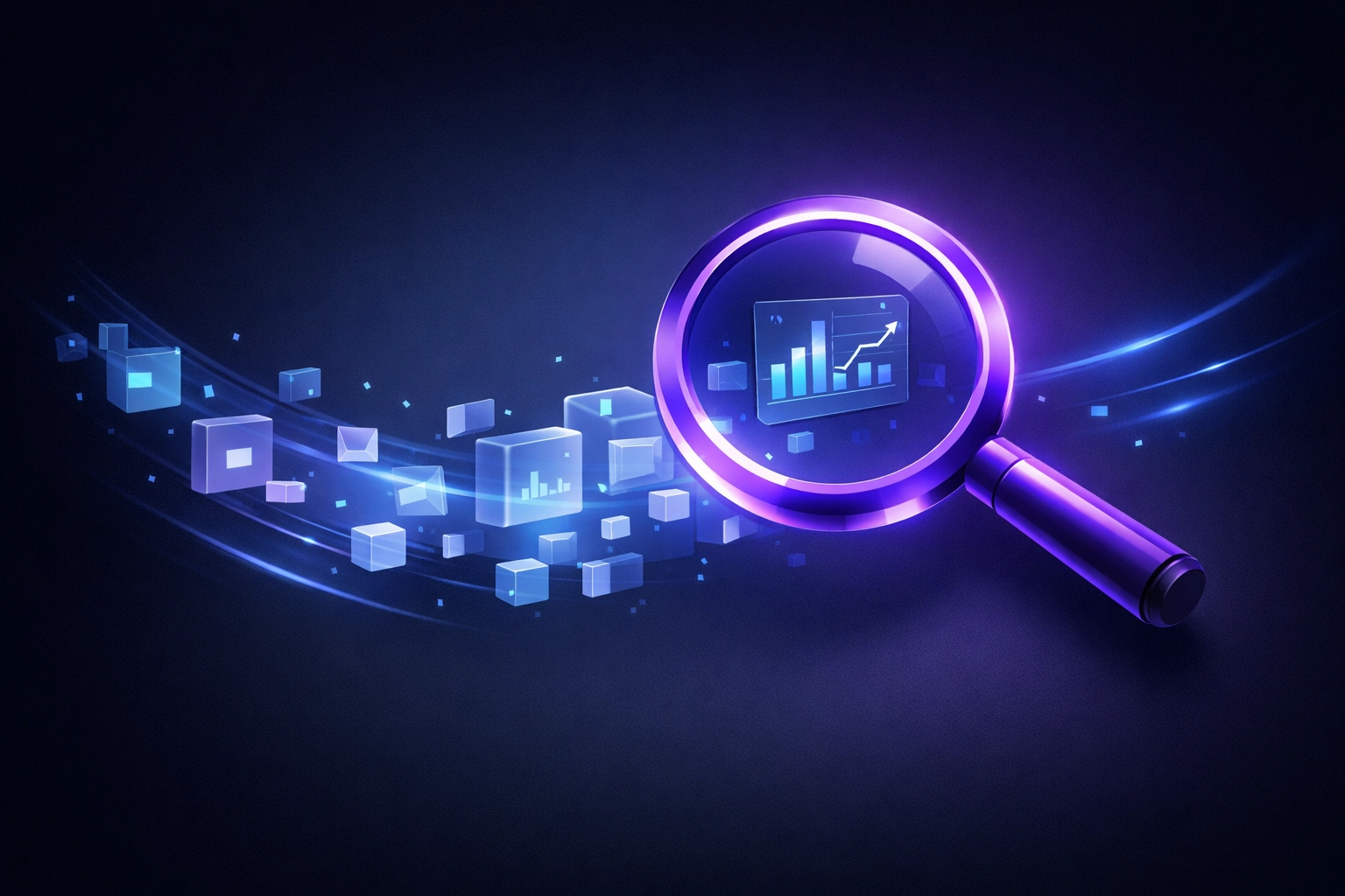A glowing magnifying glass analyzing digital data blocks, representing AI identifying search intent for SEO insights.