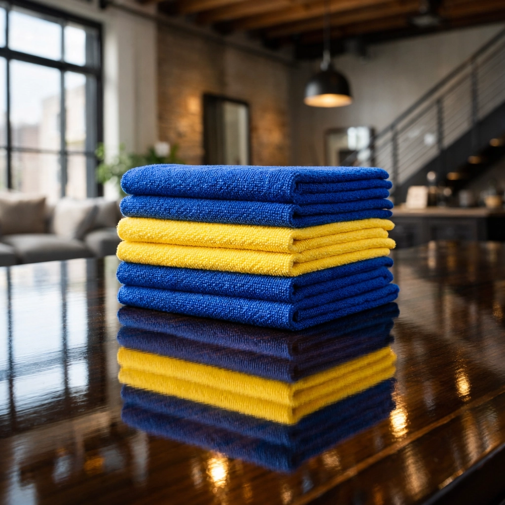 High-quality microfiber cloths for luxury house cleaning Worcester MA on a polished dark wood surface.