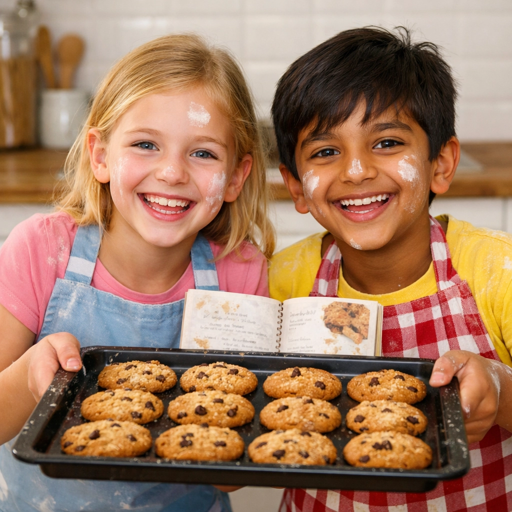 Twee kinderen tonen trots zelfgebakken koekjes na het volgen van recept