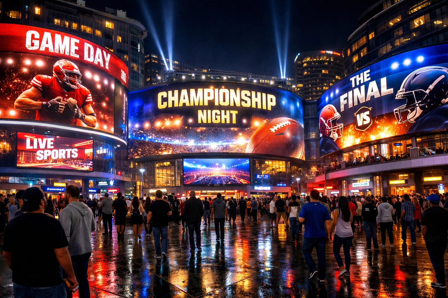 Citywide digital screens displaying real-time sports advertising during the Super Bowl LX halftime show.