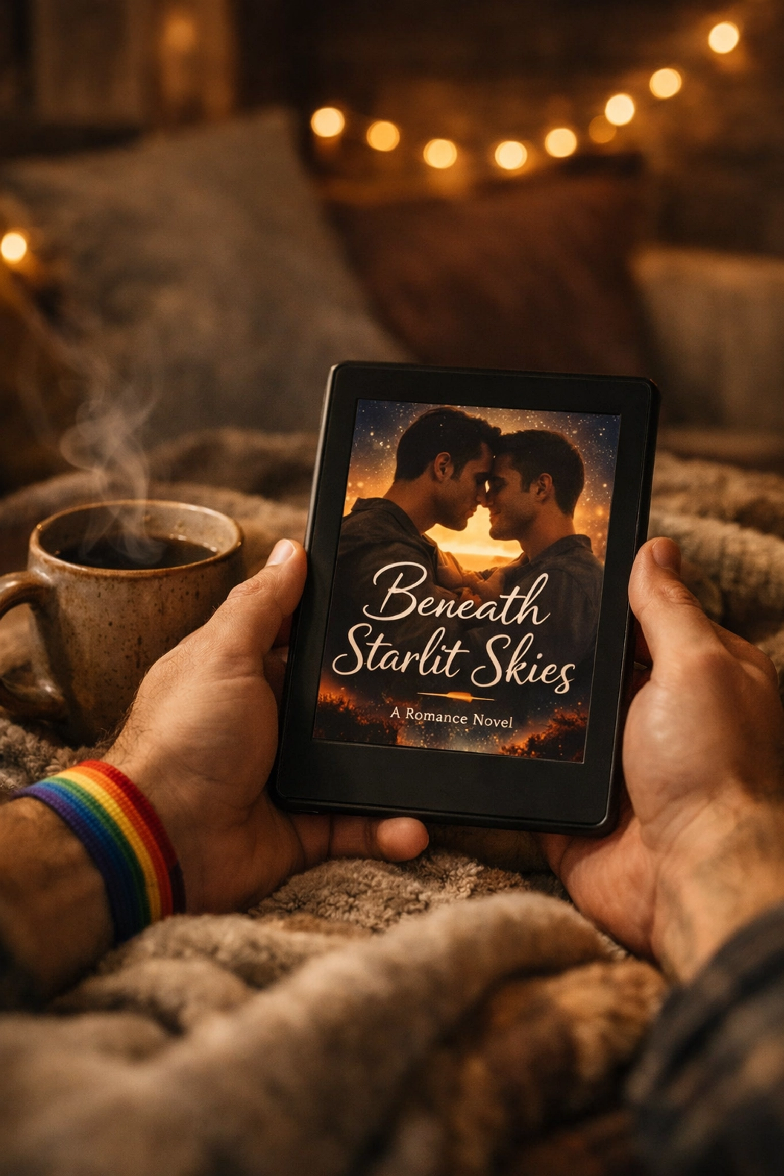 Gay man reading MM romance on e-reader during self-care Valentine's date night