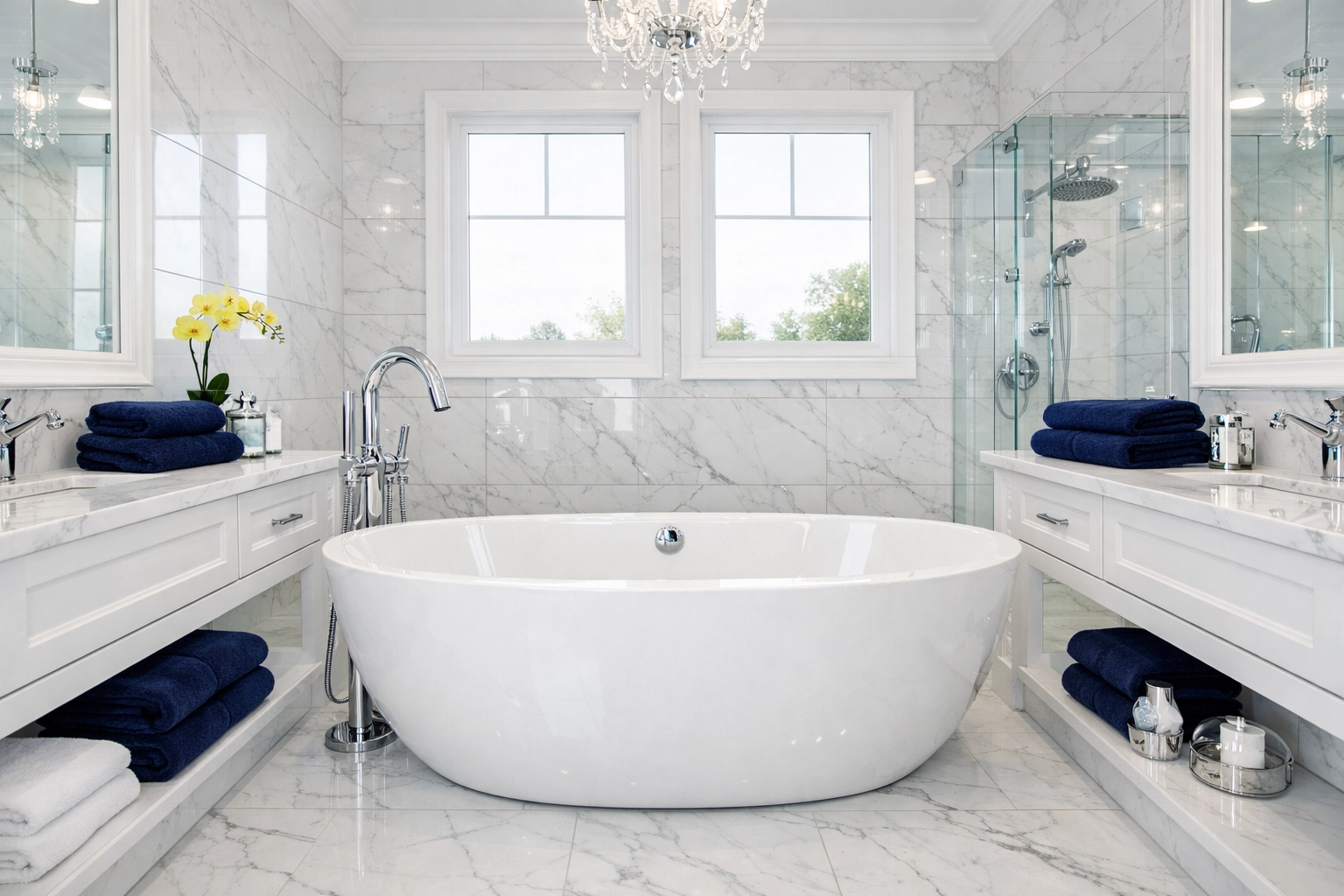Sparkling clean luxury master bathroom with white marble and polished fixtures in a Natick home.