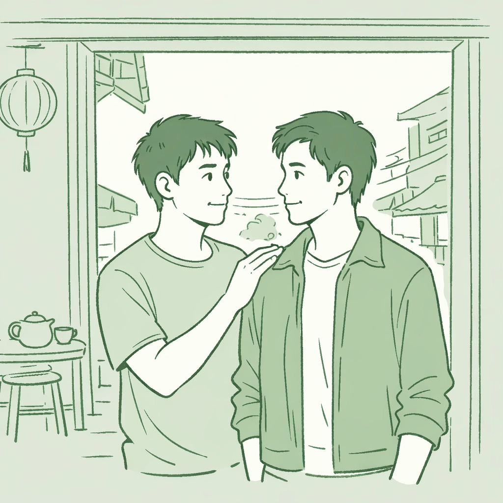 Gay couple at Vietnamese tea house doorway in Ho Chi Minh City - coming out story