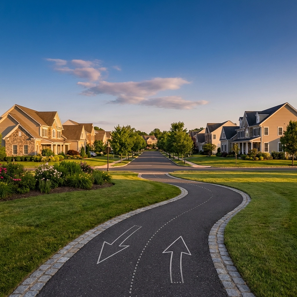 South Jersey suburban street with a forked path at sunset, symbolizing flexible real estate planning and adapting to change.