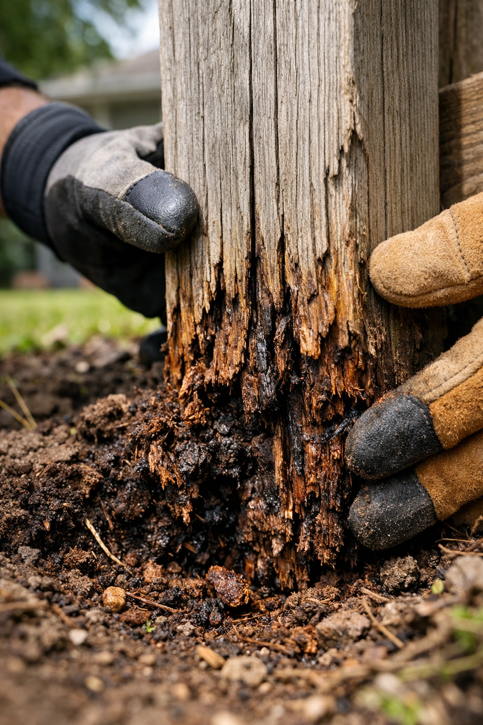 Rotted fence post showing deterioration at ground level requiring replacement
