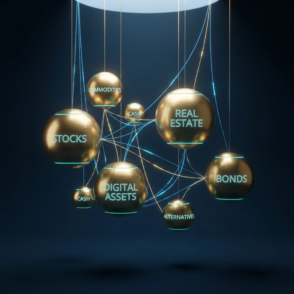 Illustration showing diversified investment assets like stocks, real estate, and crypto, symbolizing balanced wealth preservation.