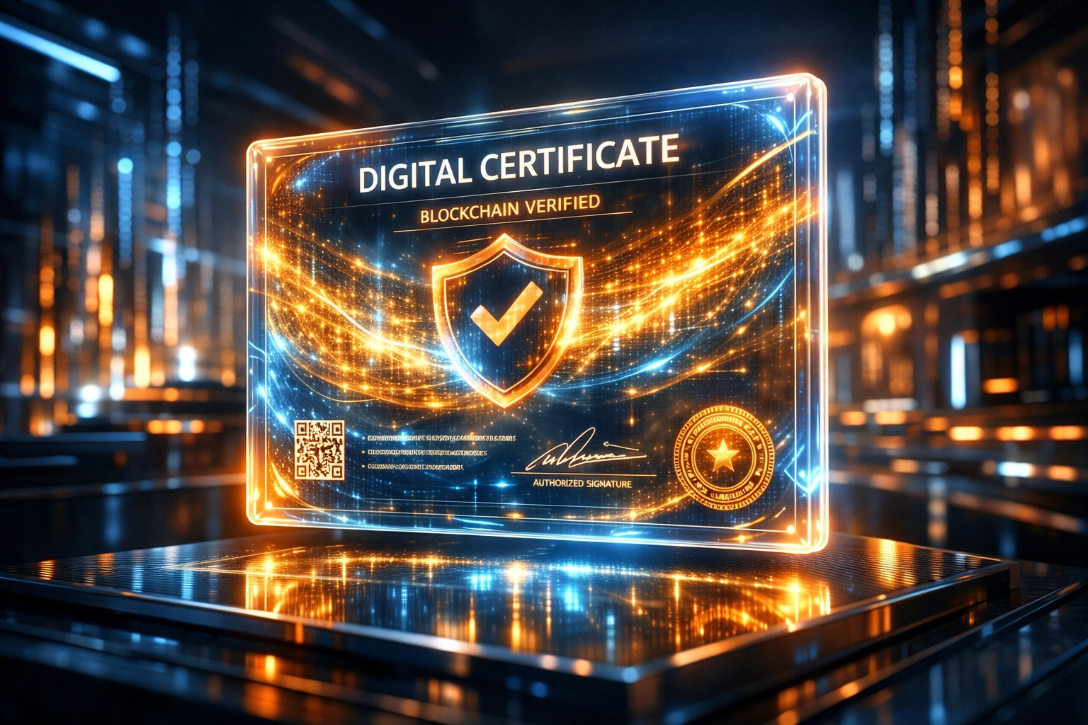 Holographic NFT receipt representing a secure blockchain transaction in a futuristic metaverse store.