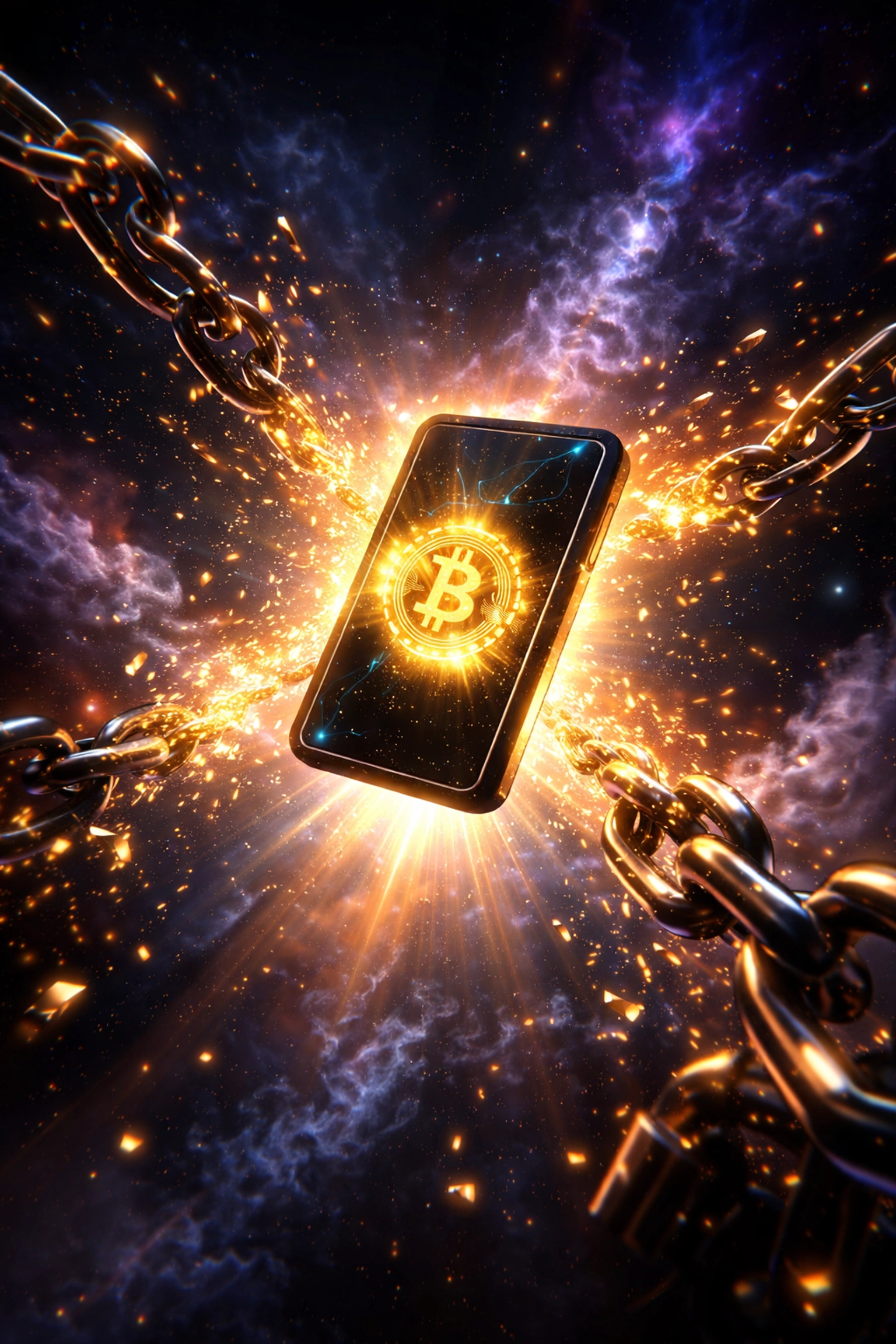 Broken chains dissolving with a digital crypto wallet, symbolizing financial freedom in decentralized payments