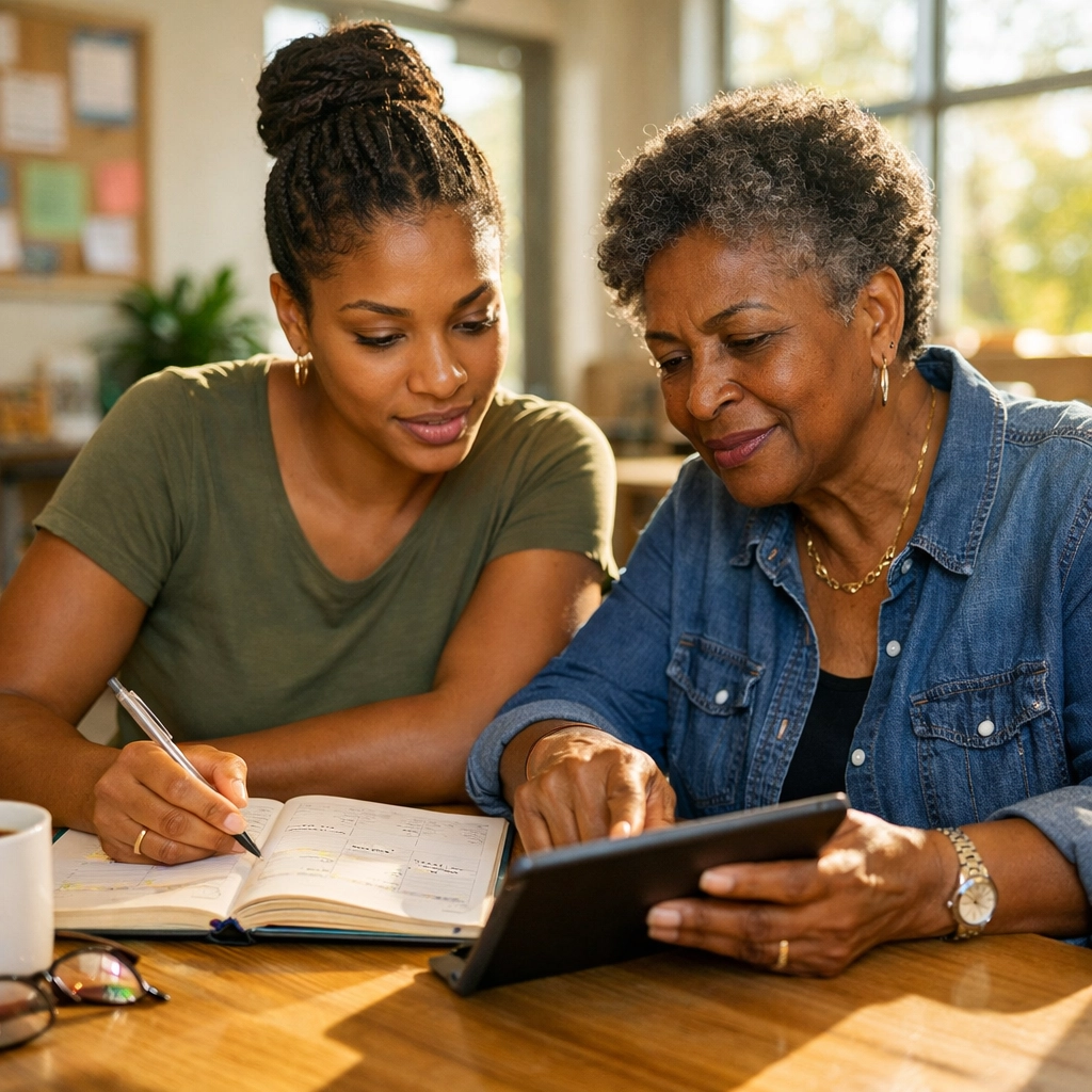 Black women planning a housing path at Family ReBuild of New Jersey after family displacement.