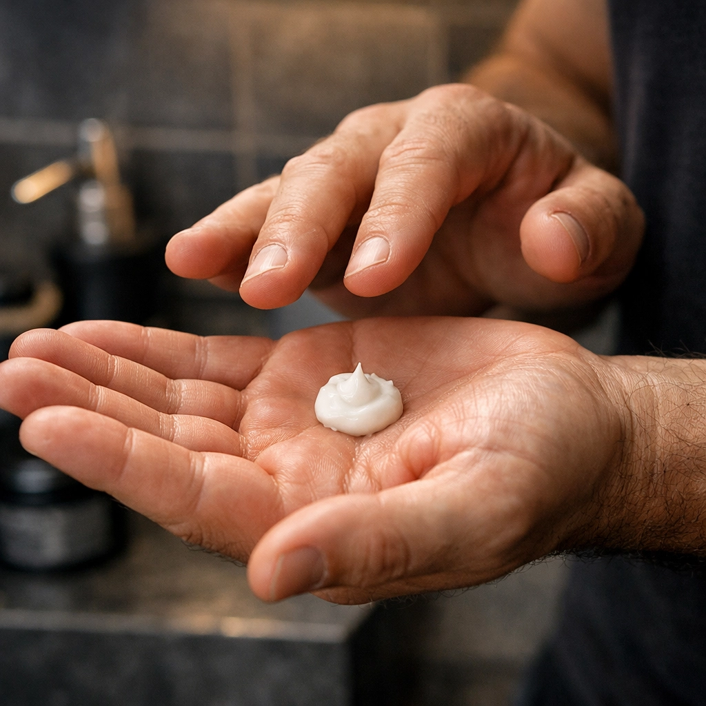 A man's hand holding a dollop of creamy beard butter, ready for application to soften and hydrate facial hair.