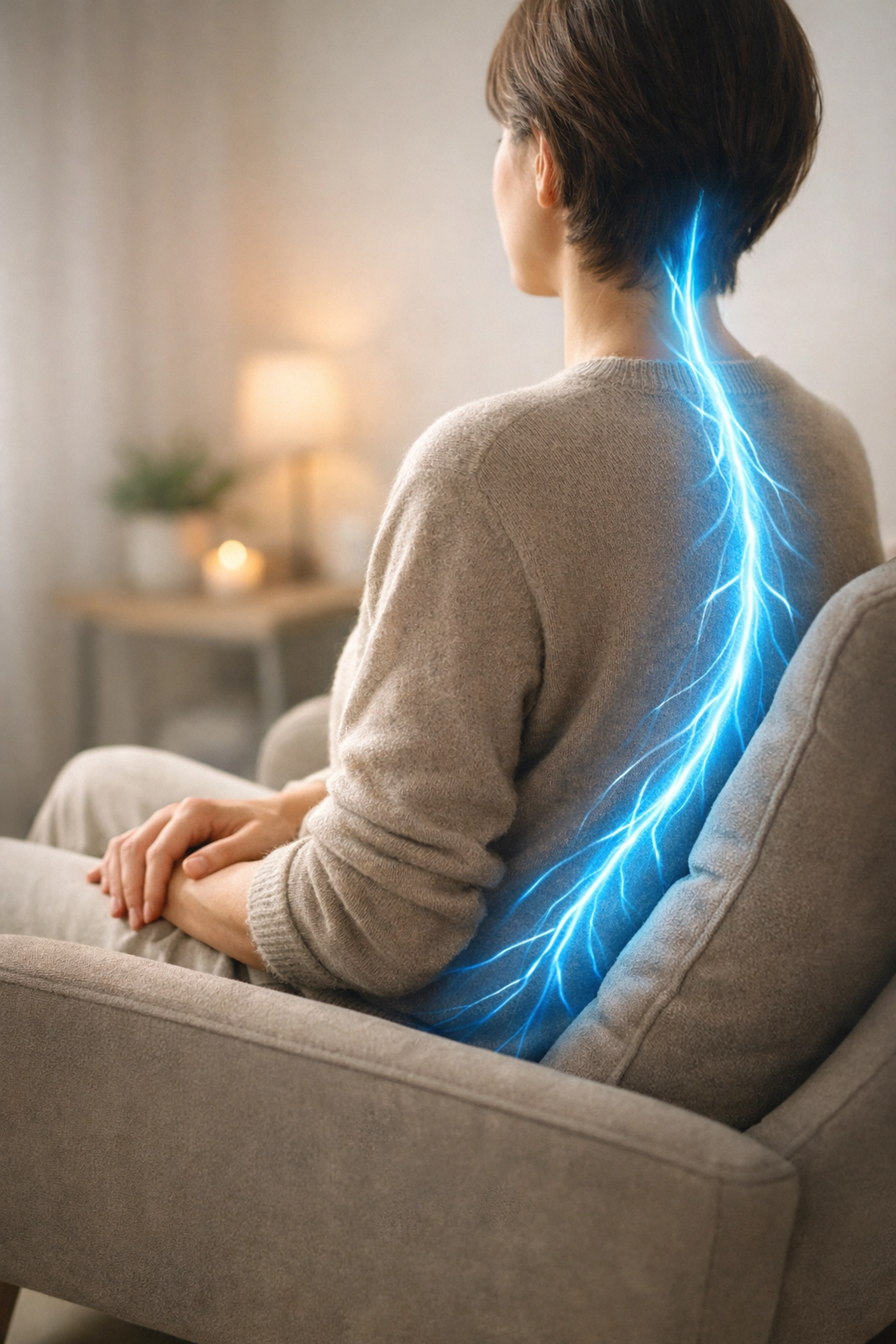 A person in a therapy suite showing a glowing nervous system, highlighting the mind-body connection.