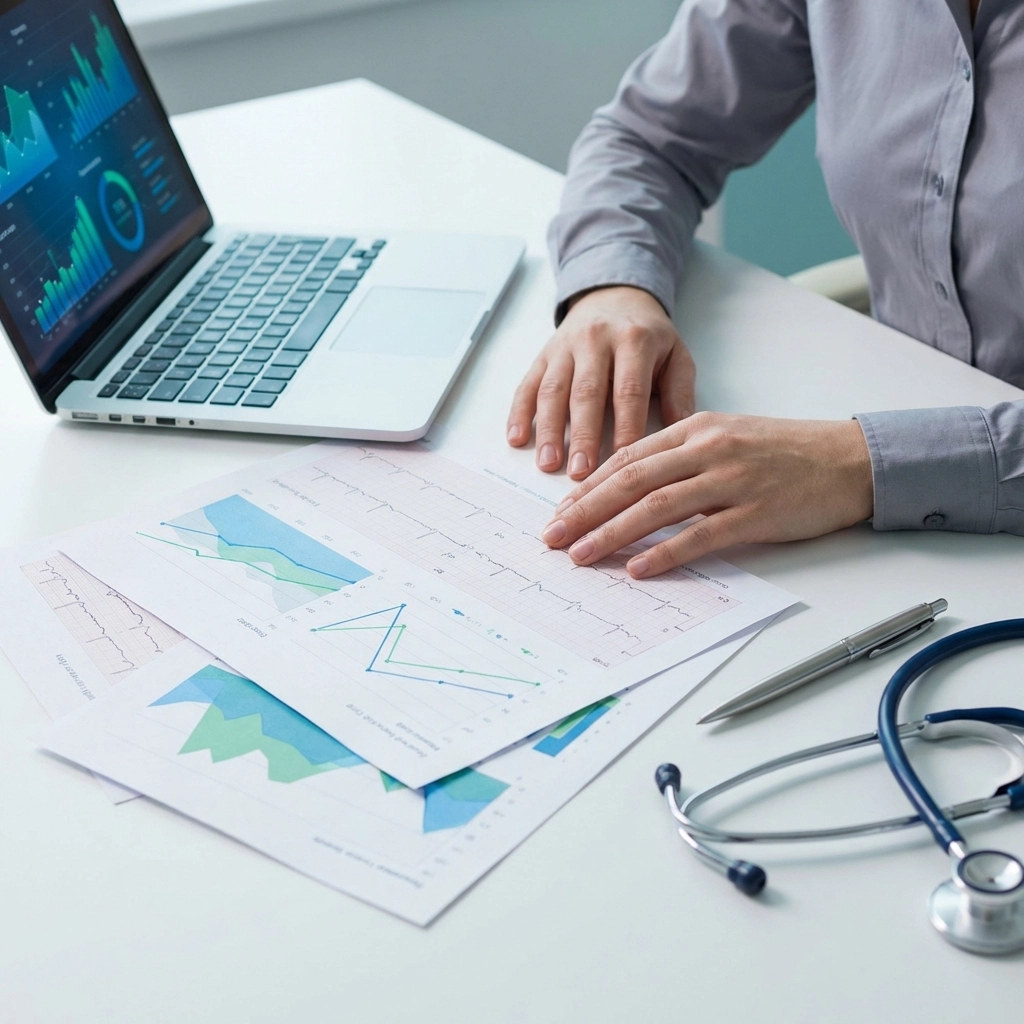 Healthcare administrator reviewing QAPI data charts and graphs at a desk, illustrating ASC performance tracking.