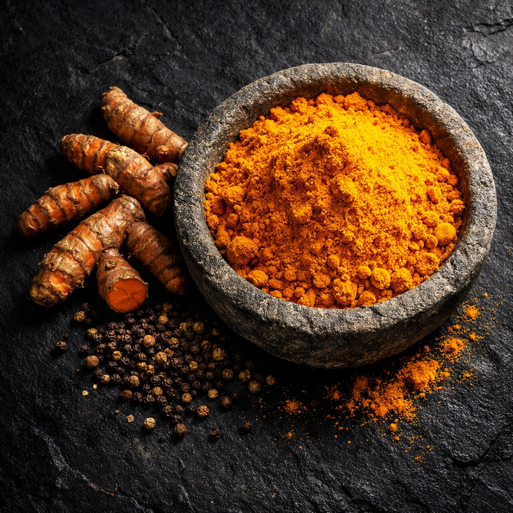 Ground turmeric powder in a stone bowl with peppercorns, a natural home remedy for inflammation.