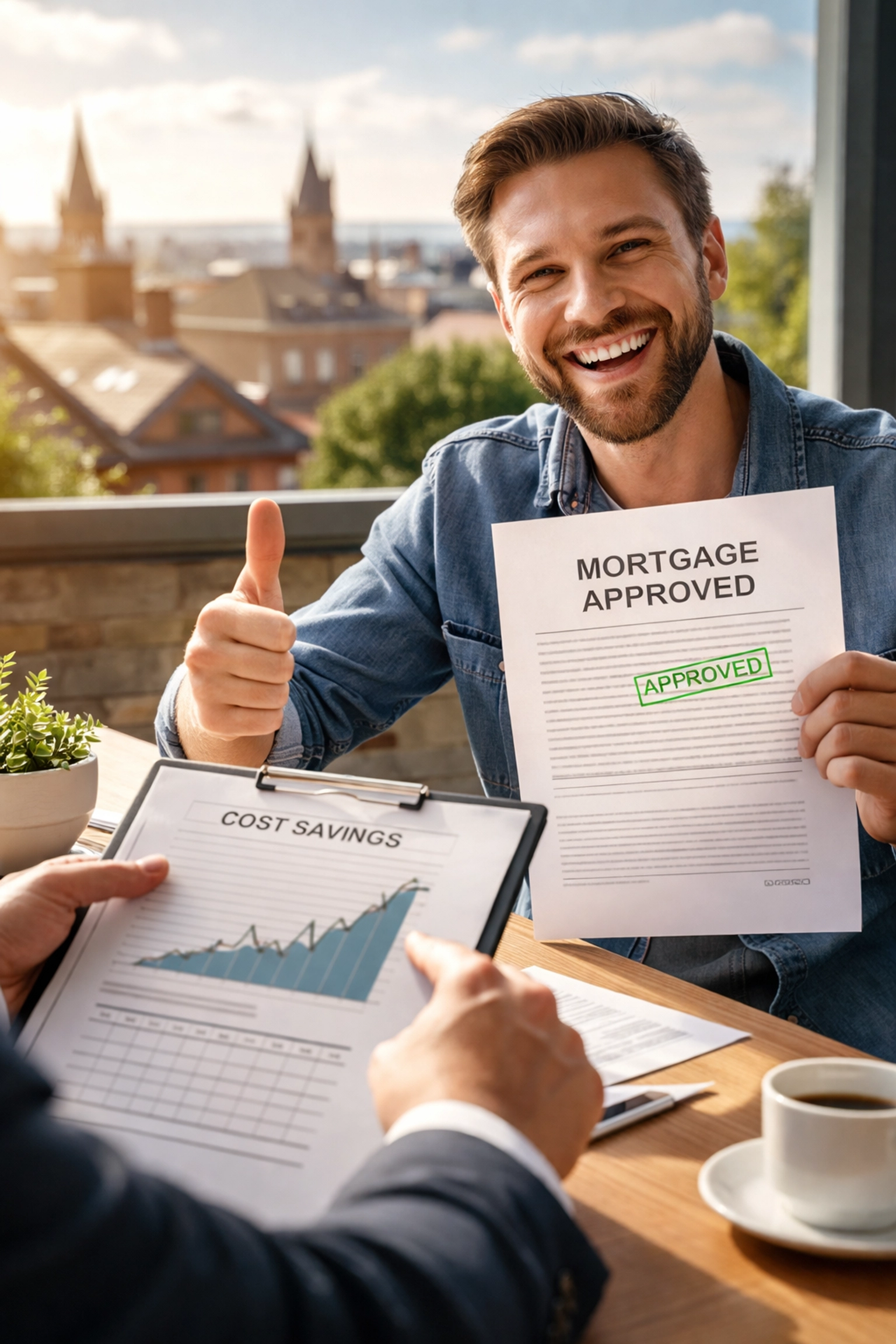 Happy client holding mortgage approval showing savings with Oldham broker, Oldham skyline in background