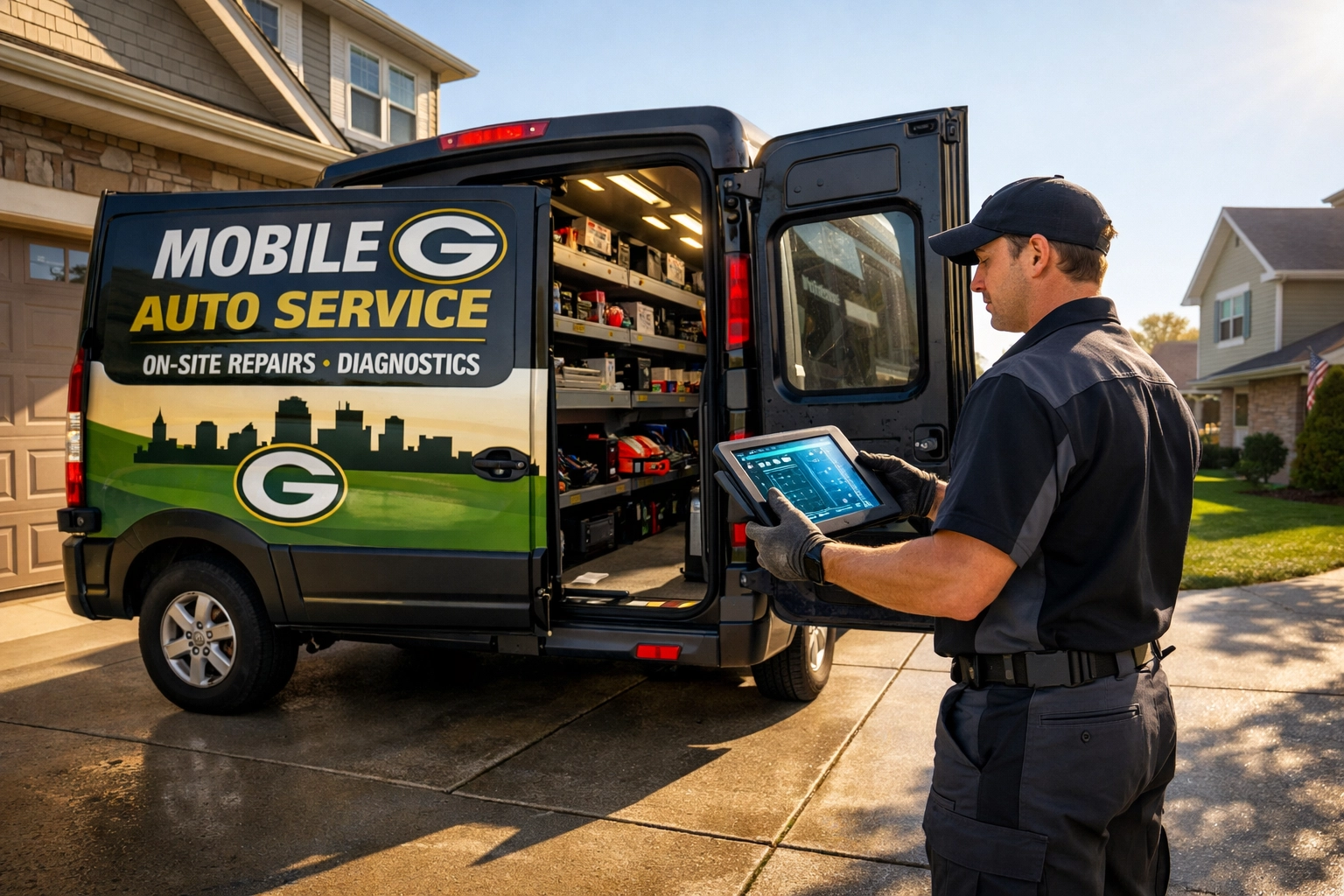 Mobile mechanic technician using a diagnostic tablet during onsite car repair in a Green Bay driveway.