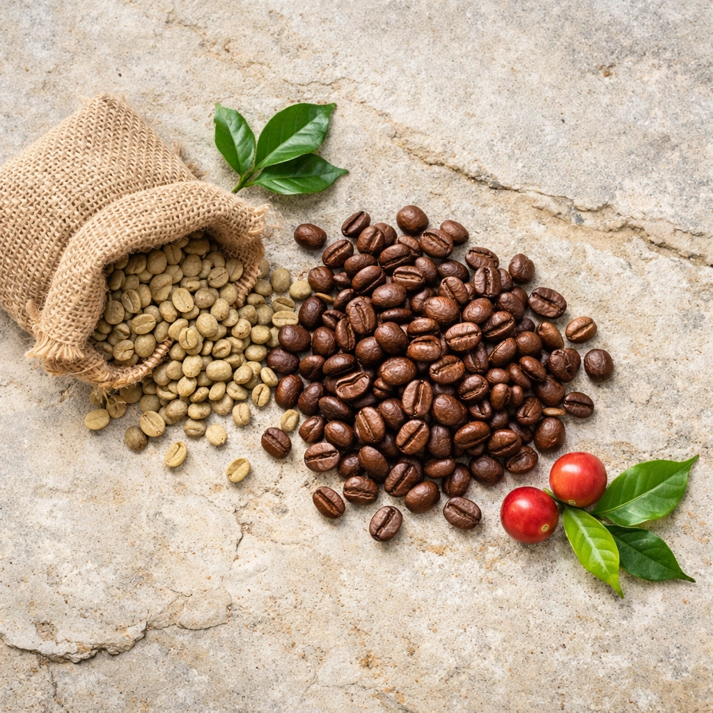 Ethical sourcing of green and roasted coffee beans, showing the artisanal journey from farm to coffee shop.