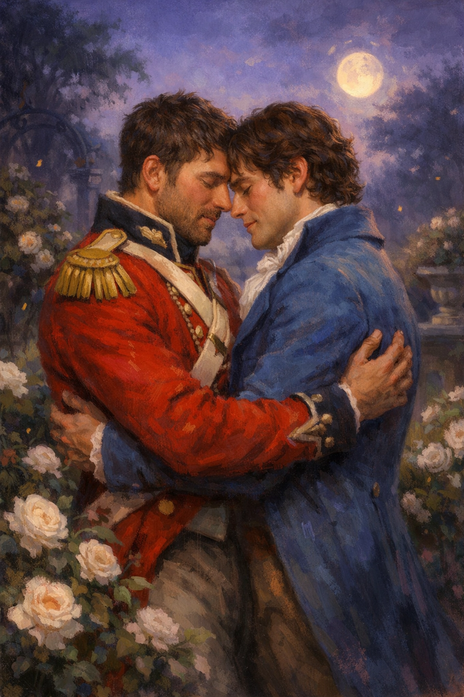 A soldier and a gentleman embrace in a twilight garden, representing authentic love in gay historical romance.