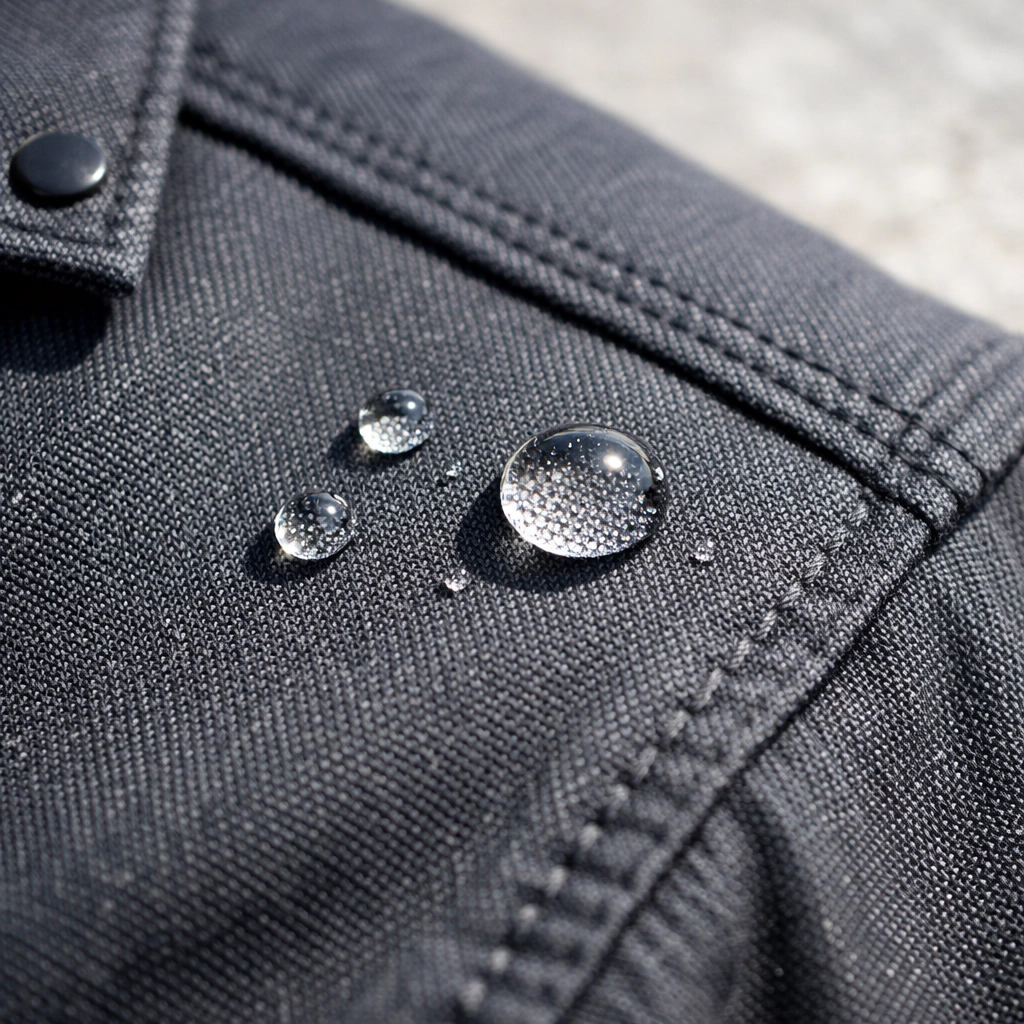 Close-up of moisture-wicking fabric for bulk custom t shirts showing water beading on a durable grey blend.