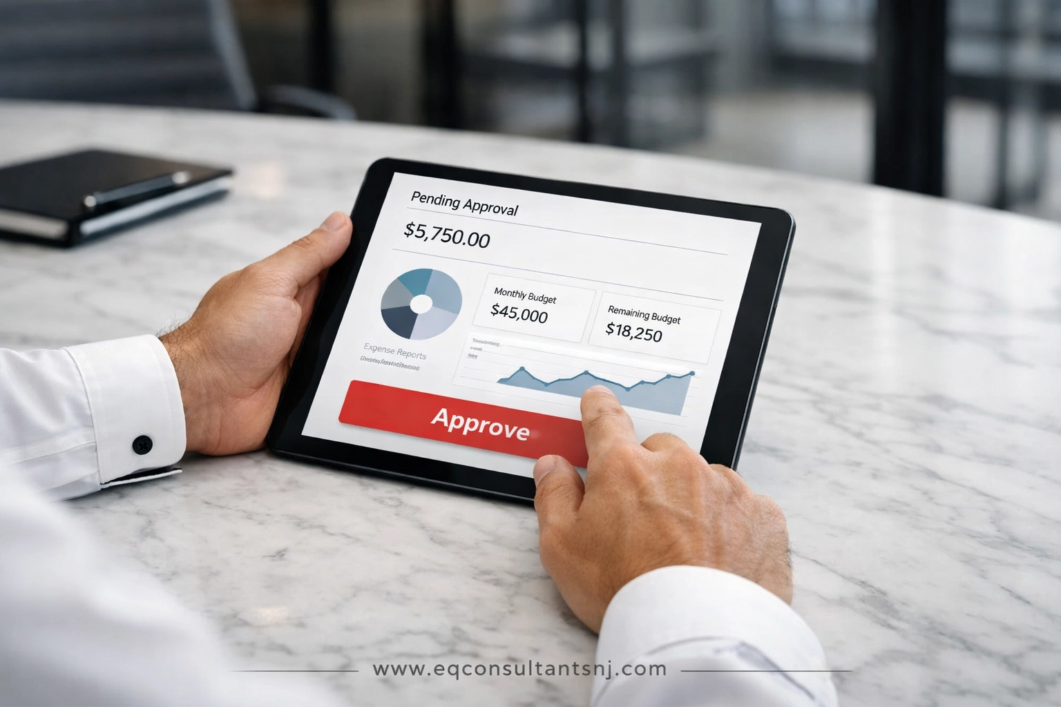 Digital dashboard on a tablet showing automated bill approval and payment workflows.