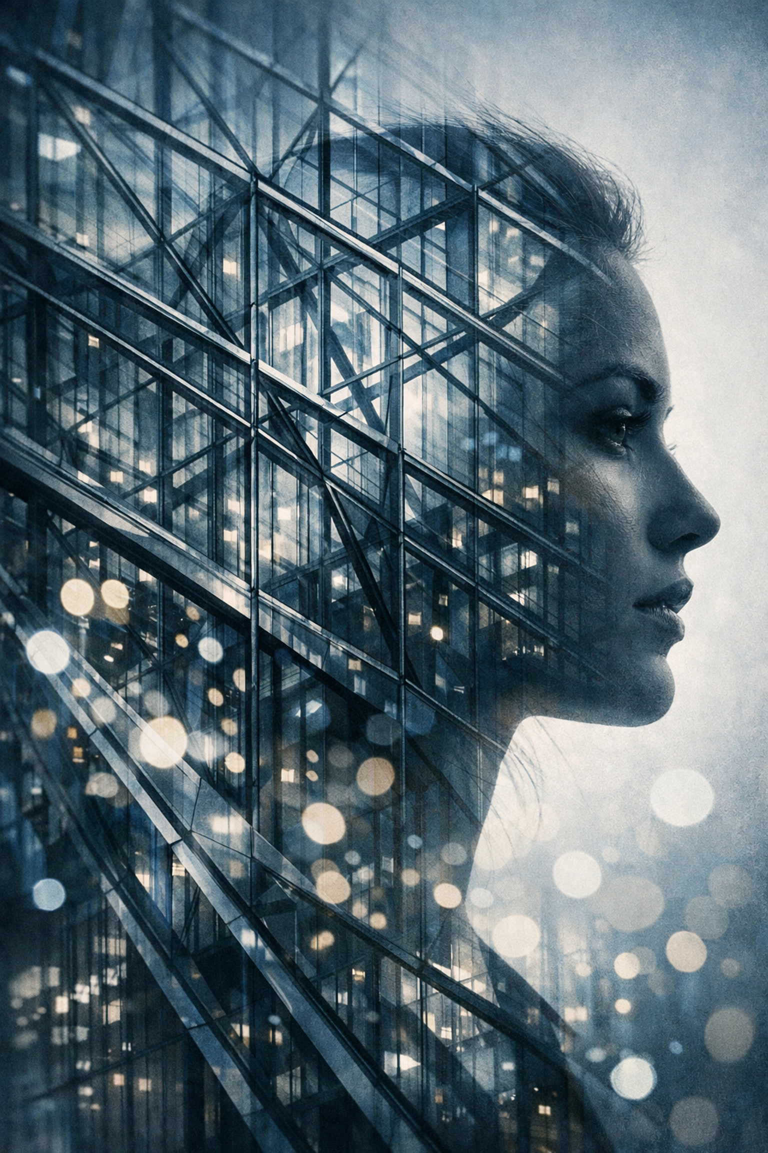 Artistic urban double exposure merging a portrait with skyscraper architecture and city lights.